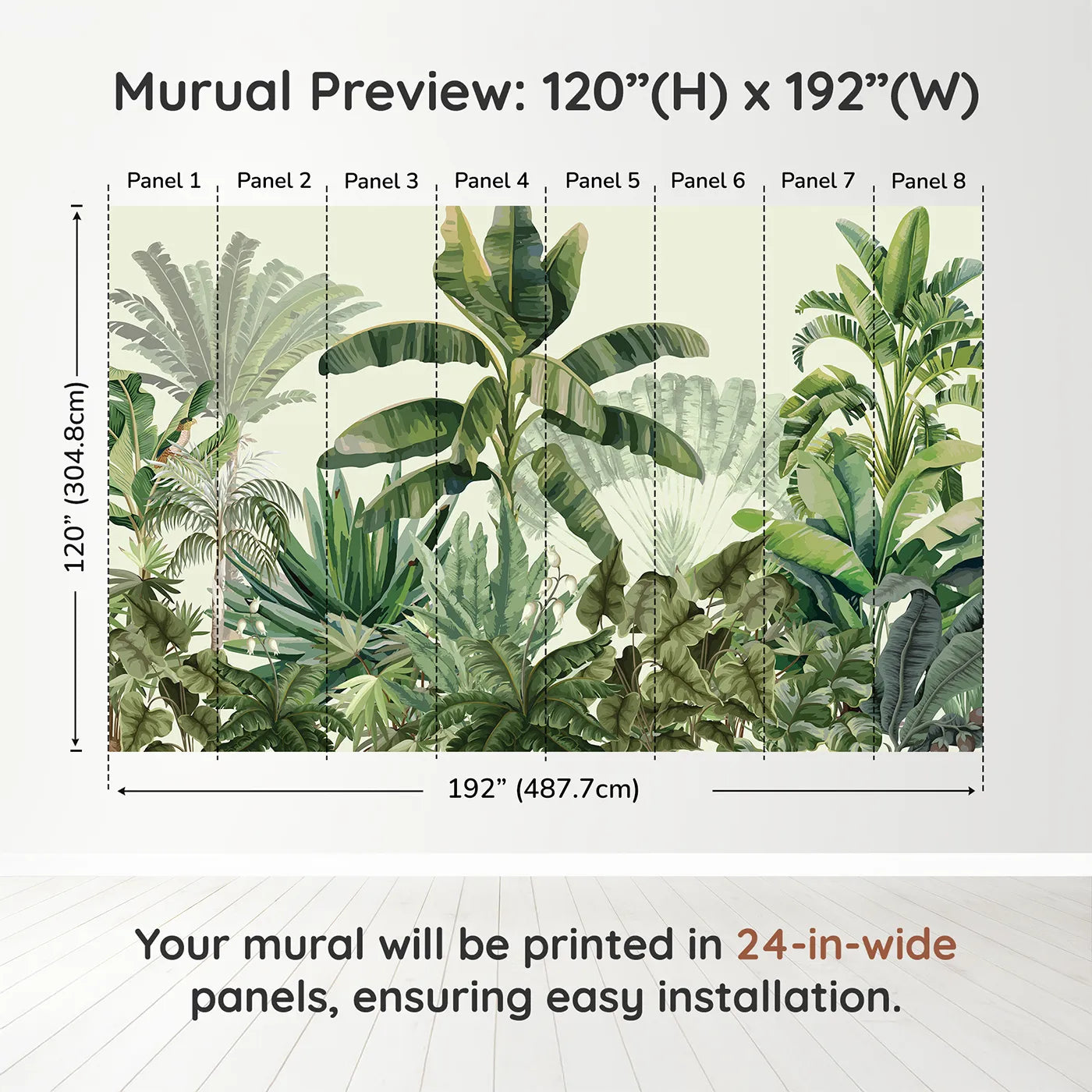 Whimsy Tots Tropical Jungle Panorama Wall Mural in Greendimension view (120" H x 192" W). Printed in eight 24-inch-wide panels. Gender-Neutral