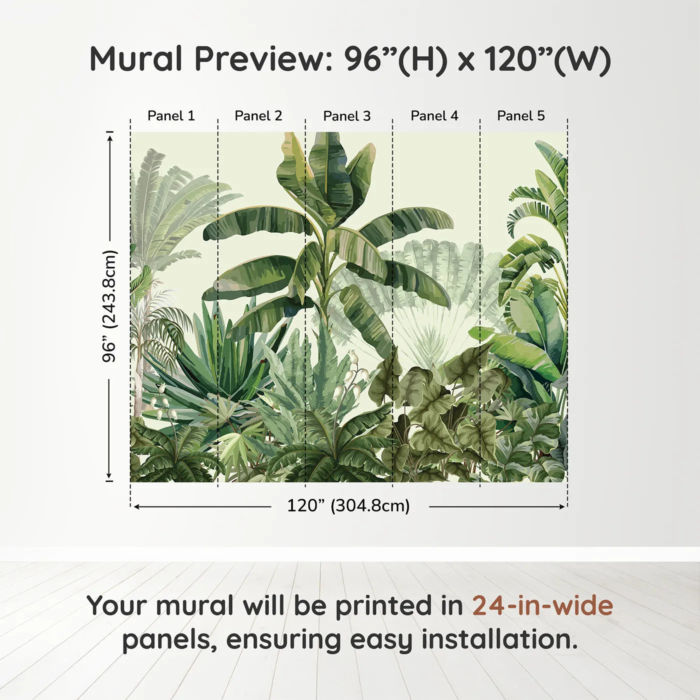 Whimsy Tots Tropical Jungle Panorama Wall Mural in Greendimension view (96" H x 120" W). Printed in five 24-inch-wide panels. Gender-Neutral