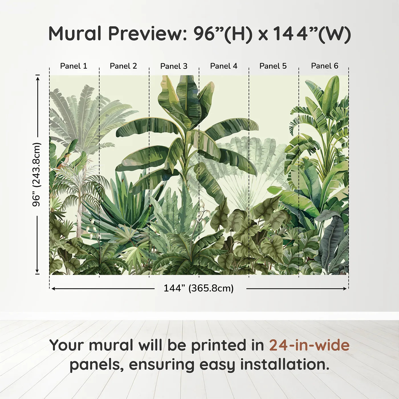 Whimsy Tots Tropical Jungle Panorama Wall Mural in Greendimension view (96" H x 144" W). Printed in six 24-inch-wide panels. Gender-Neutral