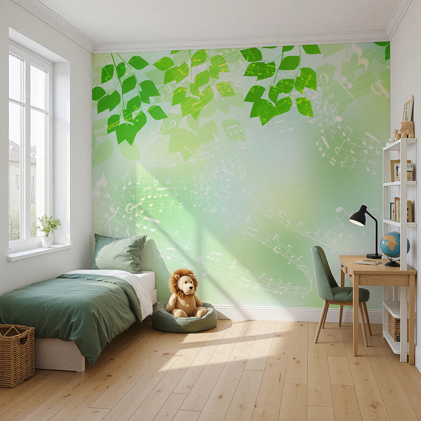 Angled view of Whimsy Tots' Green Leaf Music Wall Mural (Turn Their Room into a Gentle, Musical Breeze).Gender-Neutral