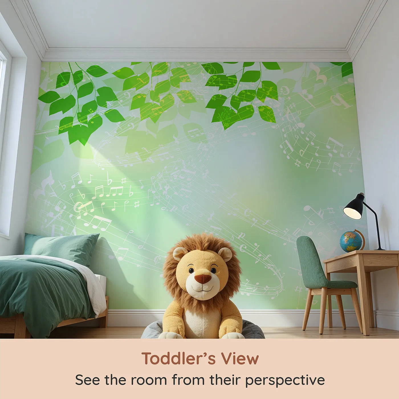 Whimsy Tots Green Leaf Music Wall Mural (Turn Their Room into a Gentle, Musical Breeze) from your child's view.Gender-Neutral