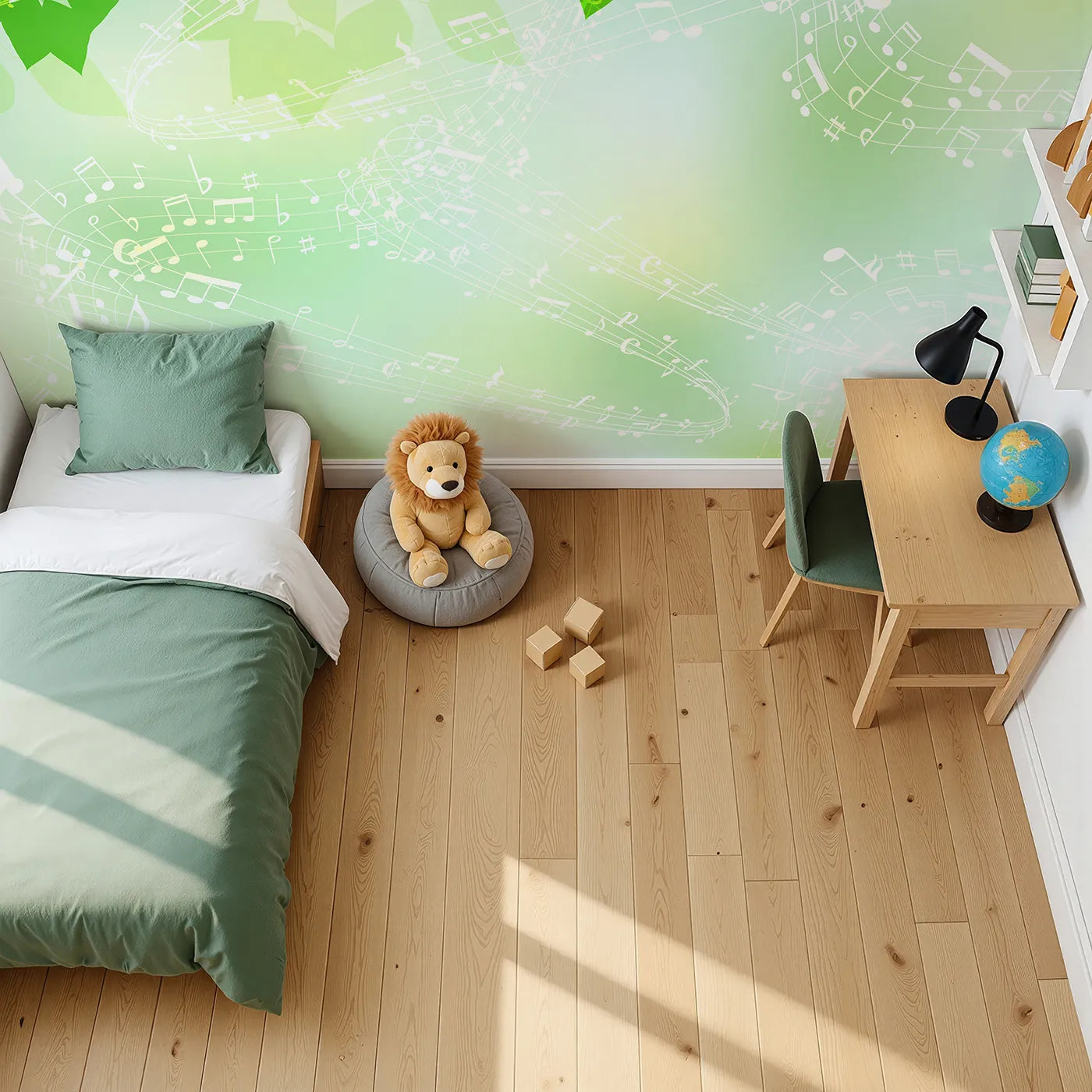 Top-down view of Whimsy Tots' Green Leaf Music Wall Mural (Turn Their Room into a Gentle, Musical Breeze).Gender-Neutral
