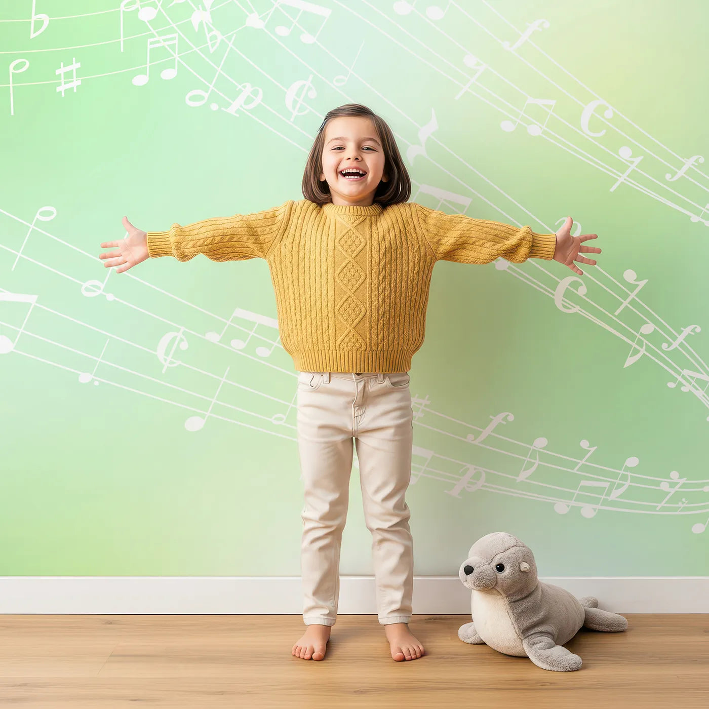 Child in front of Whimsy Tots Green Leaf Music Wall Mural with music, note, leaf, green, nature, melody, sparkle, fresh in design.