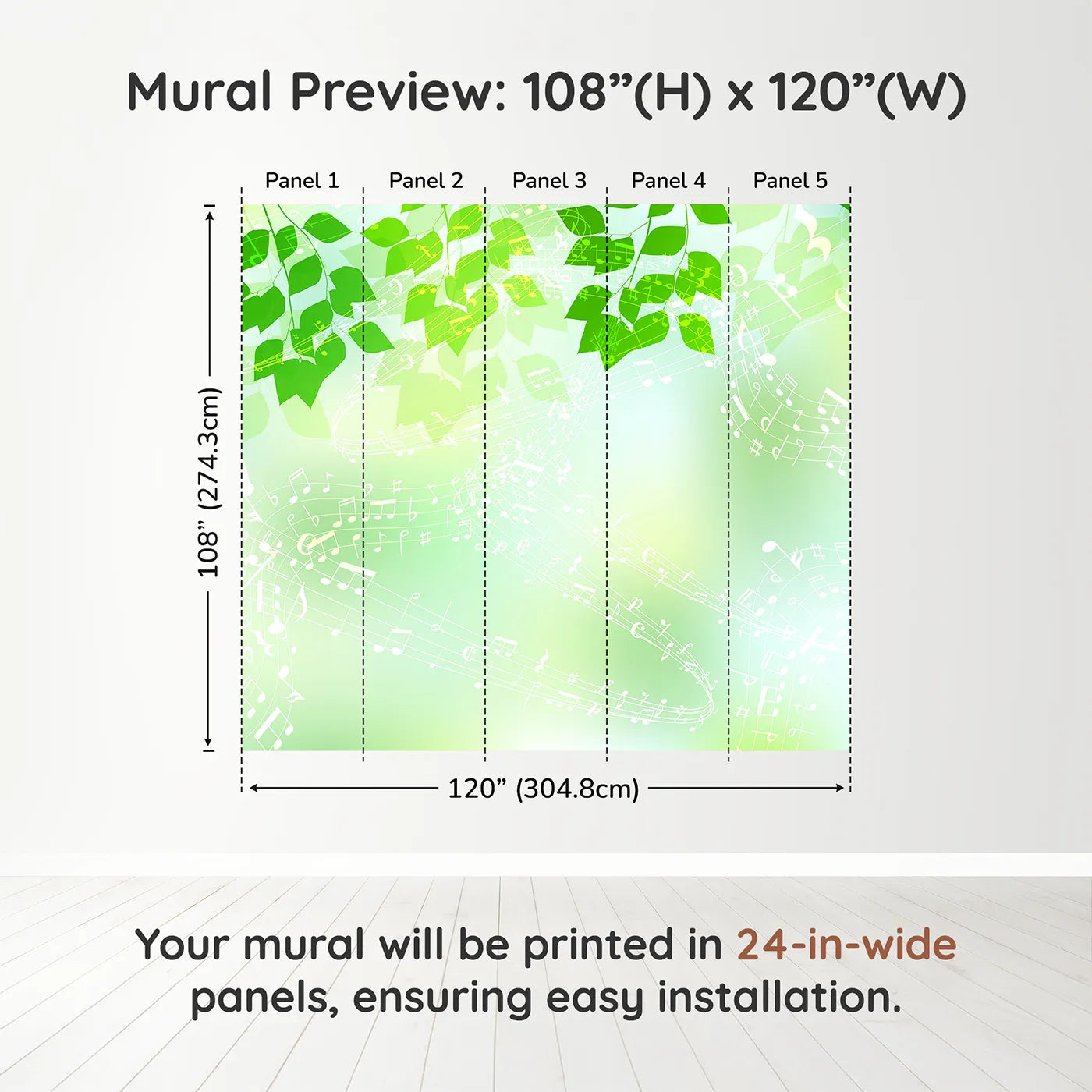 Whimsy Tots Green Leaf Music Wall Muraldimension view (108" H x 120" W). Printed in five 24-inch-wide panels. Gender-Neutral