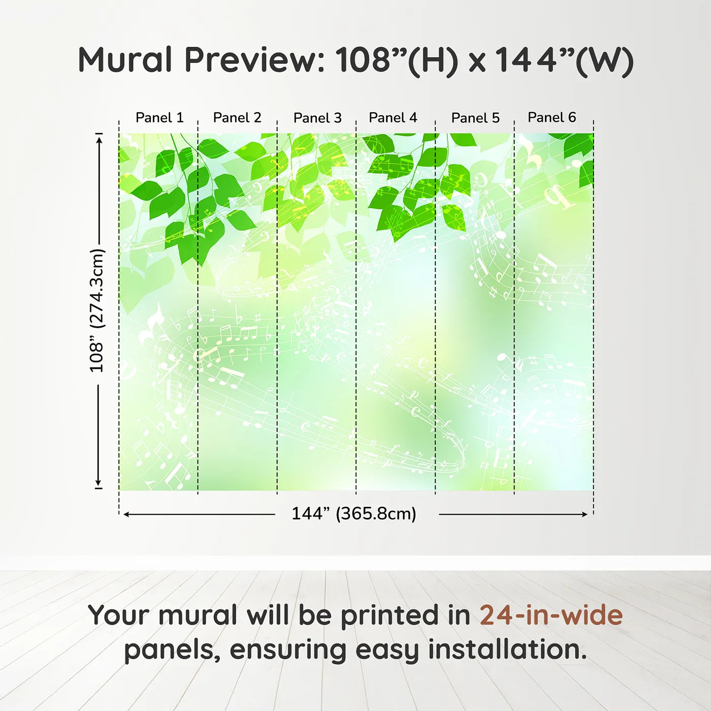 Whimsy Tots Green Leaf Music Wall Muraldimension view (108" H x 144" W). Printed in six 24-inch-wide panels. Gender-Neutral