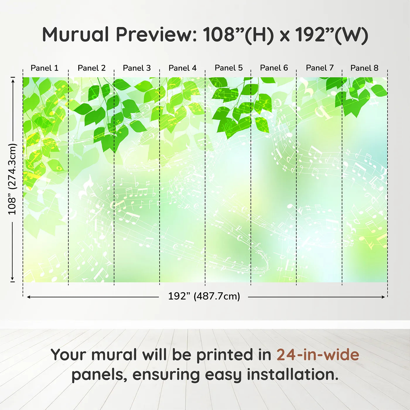 Whimsy Tots Green Leaf Music Wall Muraldimension view (108" H x 192" W). Printed in eight 24-inch-wide panels. Gender-Neutral