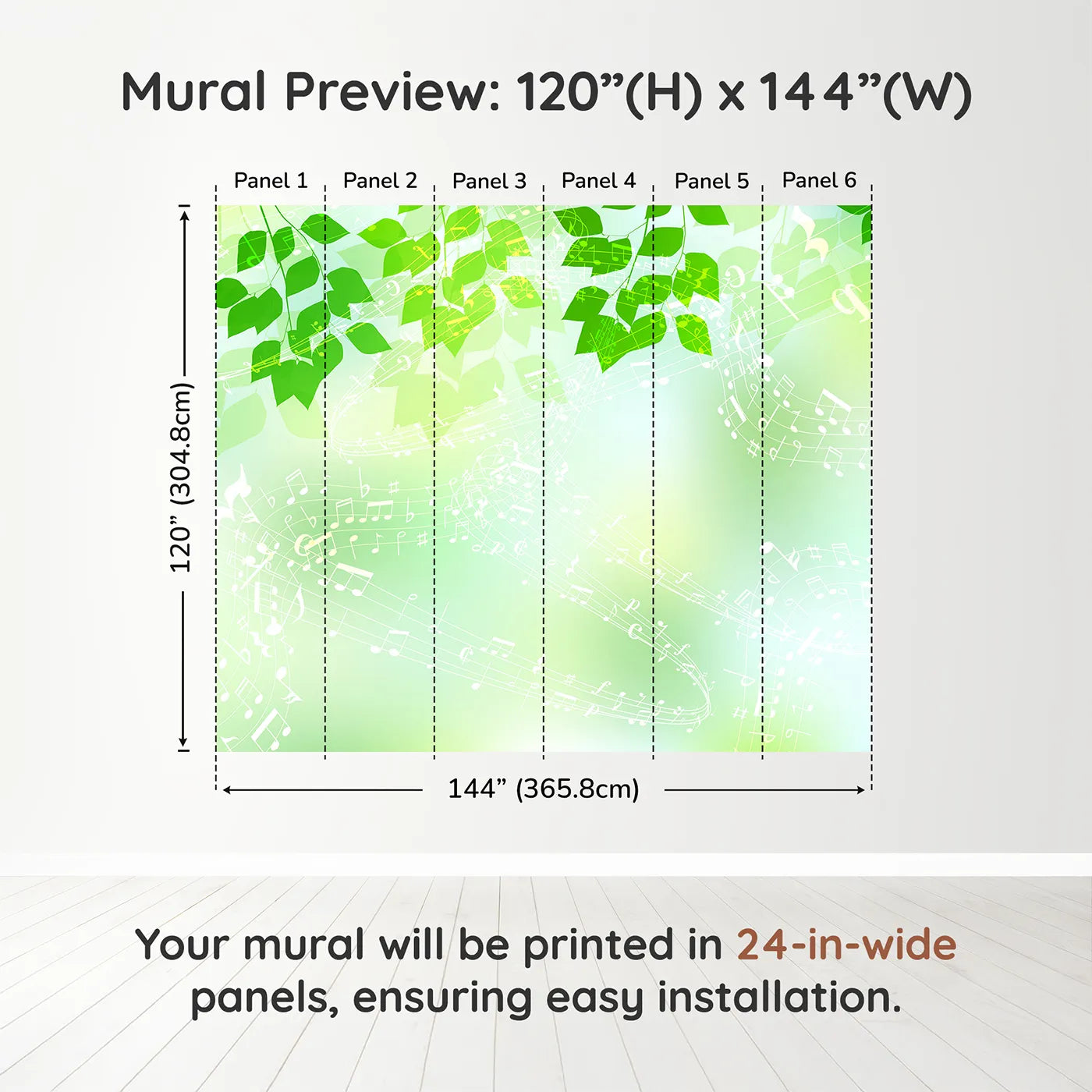 Whimsy Tots Green Leaf Music Wall Muraldimension view (120" H x 144" W). Printed in six 24-inch-wide panels. Gender-Neutral