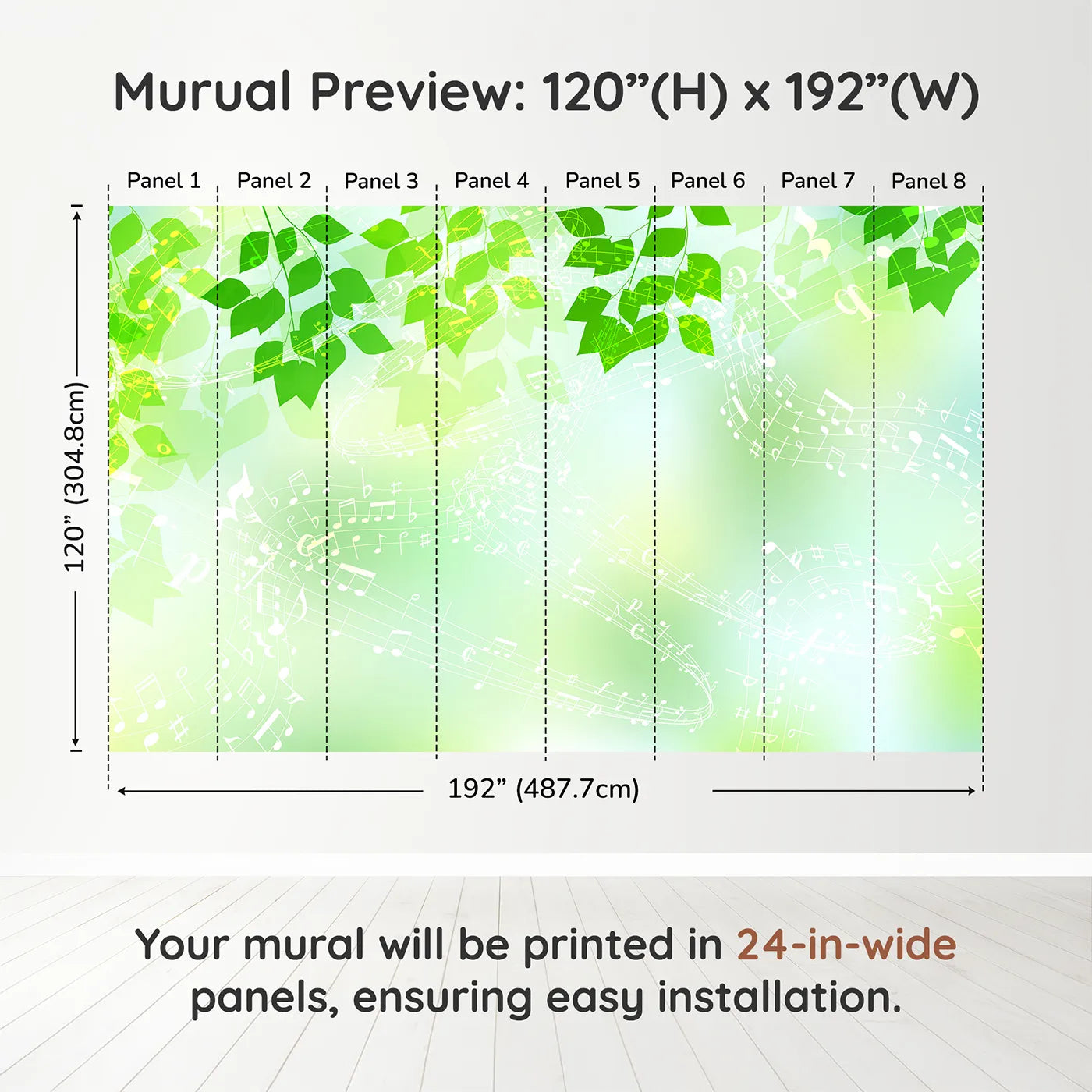 Whimsy Tots Green Leaf Music Wall Muraldimension view (120" H x 192" W). Printed in eight 24-inch-wide panels. Gender-Neutral