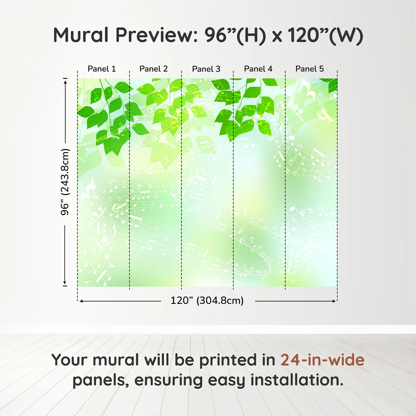 Whimsy Tots Green Leaf Music Wall Muraldimension view (96" H x 120" W). Printed in five 24-inch-wide panels. Gender-Neutral
