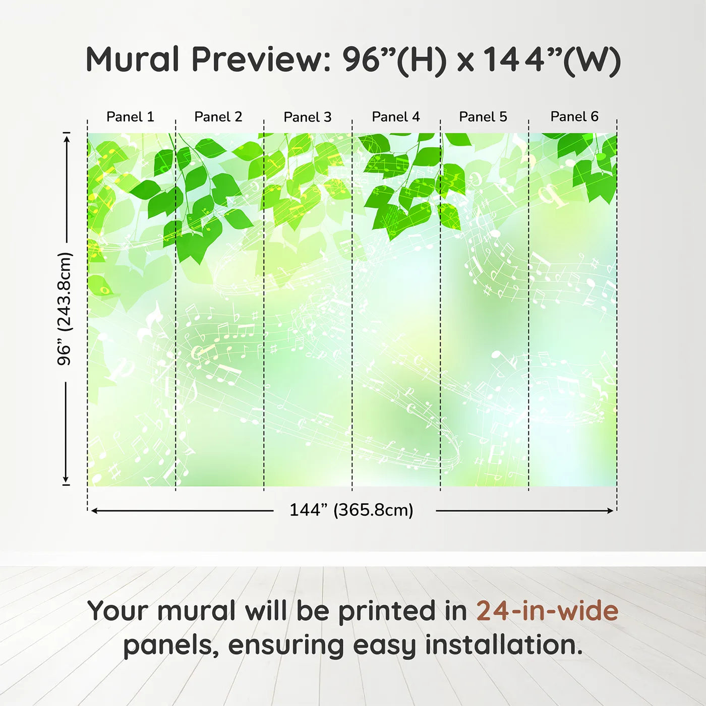 Whimsy Tots Green Leaf Music Wall Muraldimension view (96" H x 144" W). Printed in six 24-inch-wide panels. Gender-Neutral
