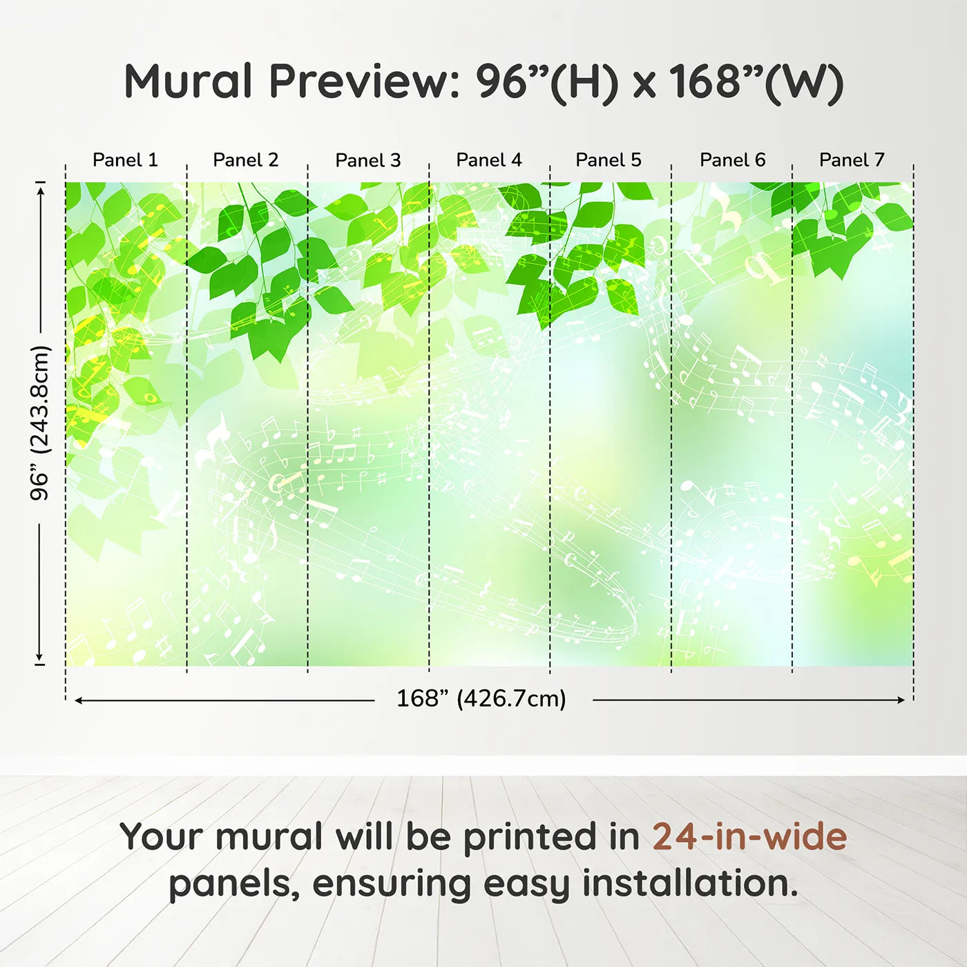 Whimsy Tots Green Leaf Music Wall Muraldimension view (96" H x 168" W). Printed in seven 24-inch-wide panels. Gender-Neutral