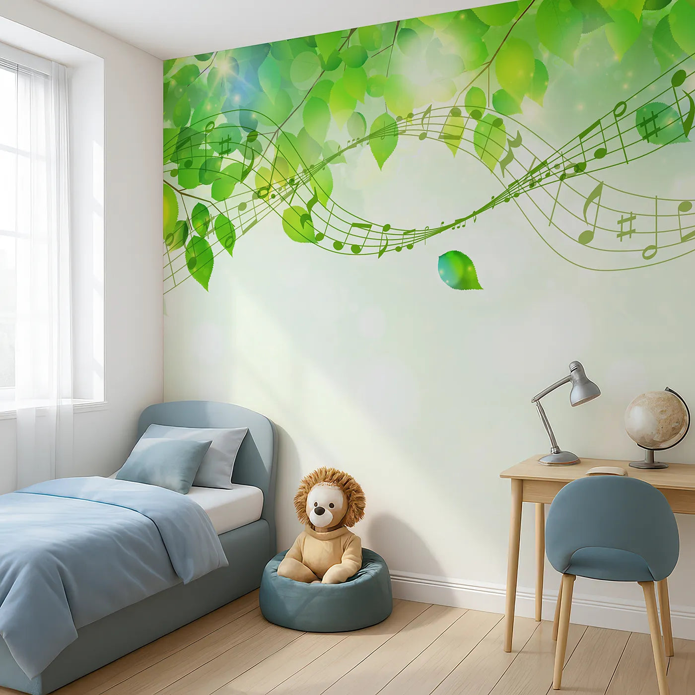 Angled view of Whimsy Tots' Green Leaf Music Wall Mural in Color (Turn Their Room into a Gentle, Musical Breeze).Gender-Neutral
