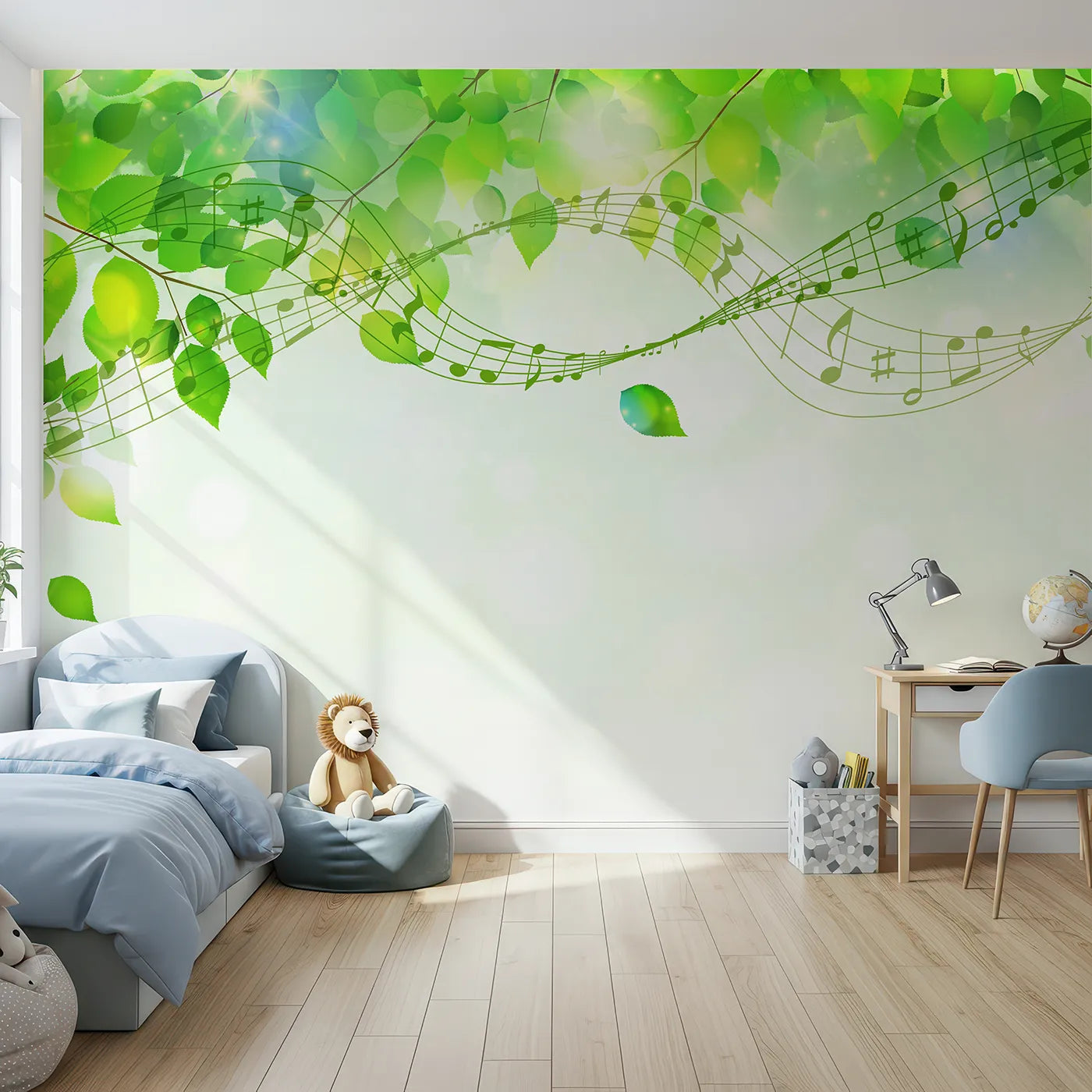 Front view of Whimsy Tots' Green Leaf Music Wall Mural in Color