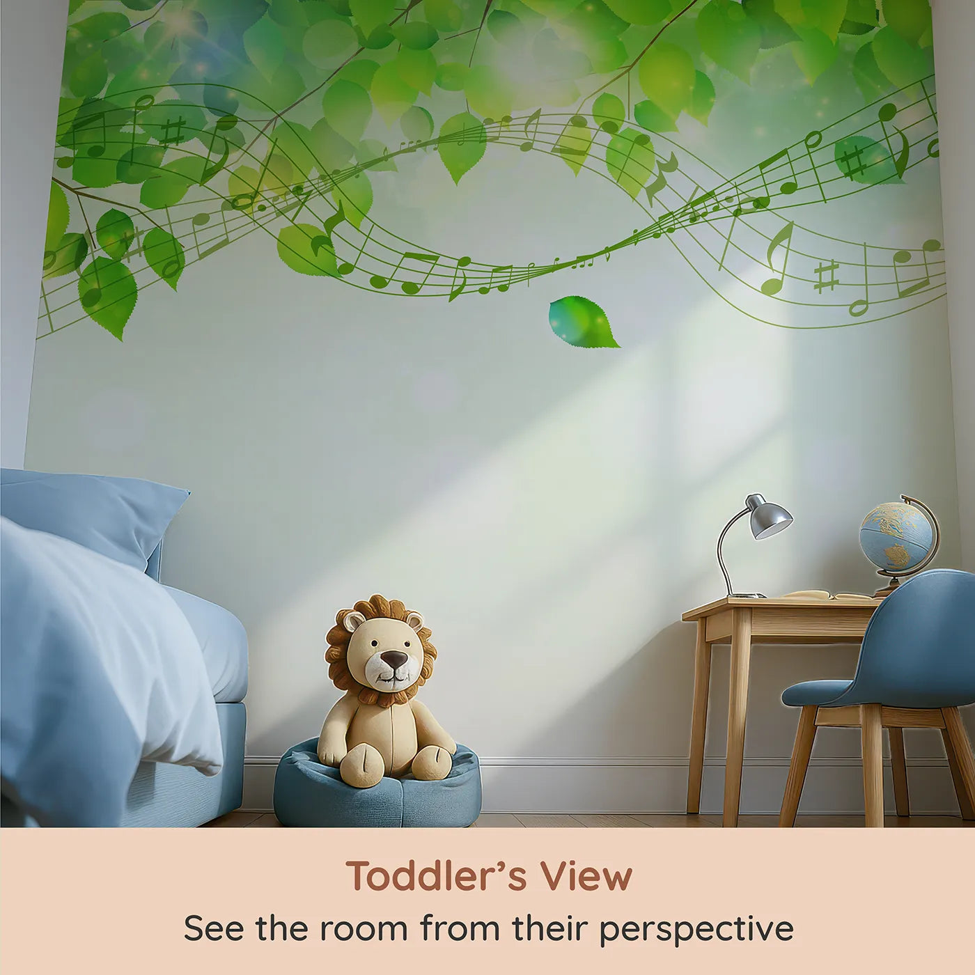 Whimsy Tots Green Leaf Music Wall Mural in Color (Turn Their Room into a Gentle, Musical Breeze) from your child's view.Gender-Neutral