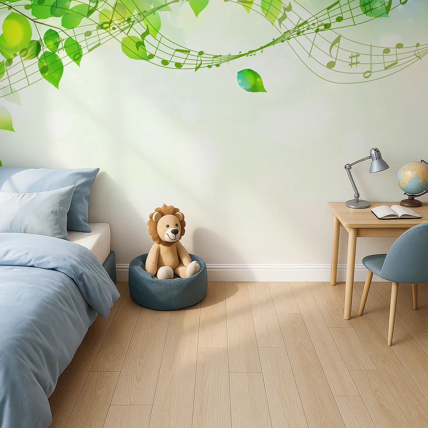 Top-down view of Whimsy Tots' Green Leaf Music Wall Mural in Color (Turn Their Room into a Gentle, Musical Breeze).Gender-Neutral