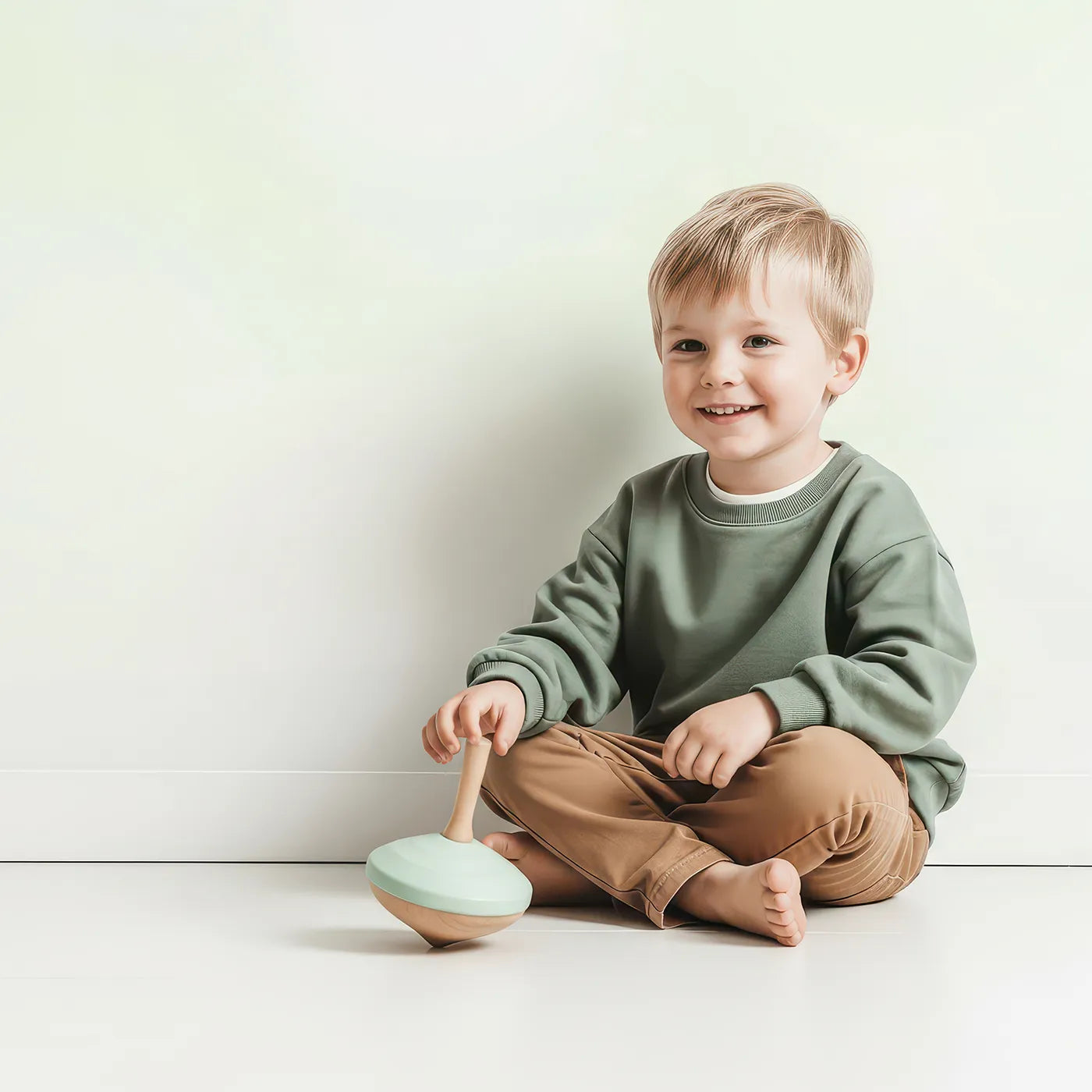 Child in front of Whimsy Tots Green Leaf Music Wall Mural in Color with music, note, leaf, green, nature, melody, sparkle, fresh in design.
