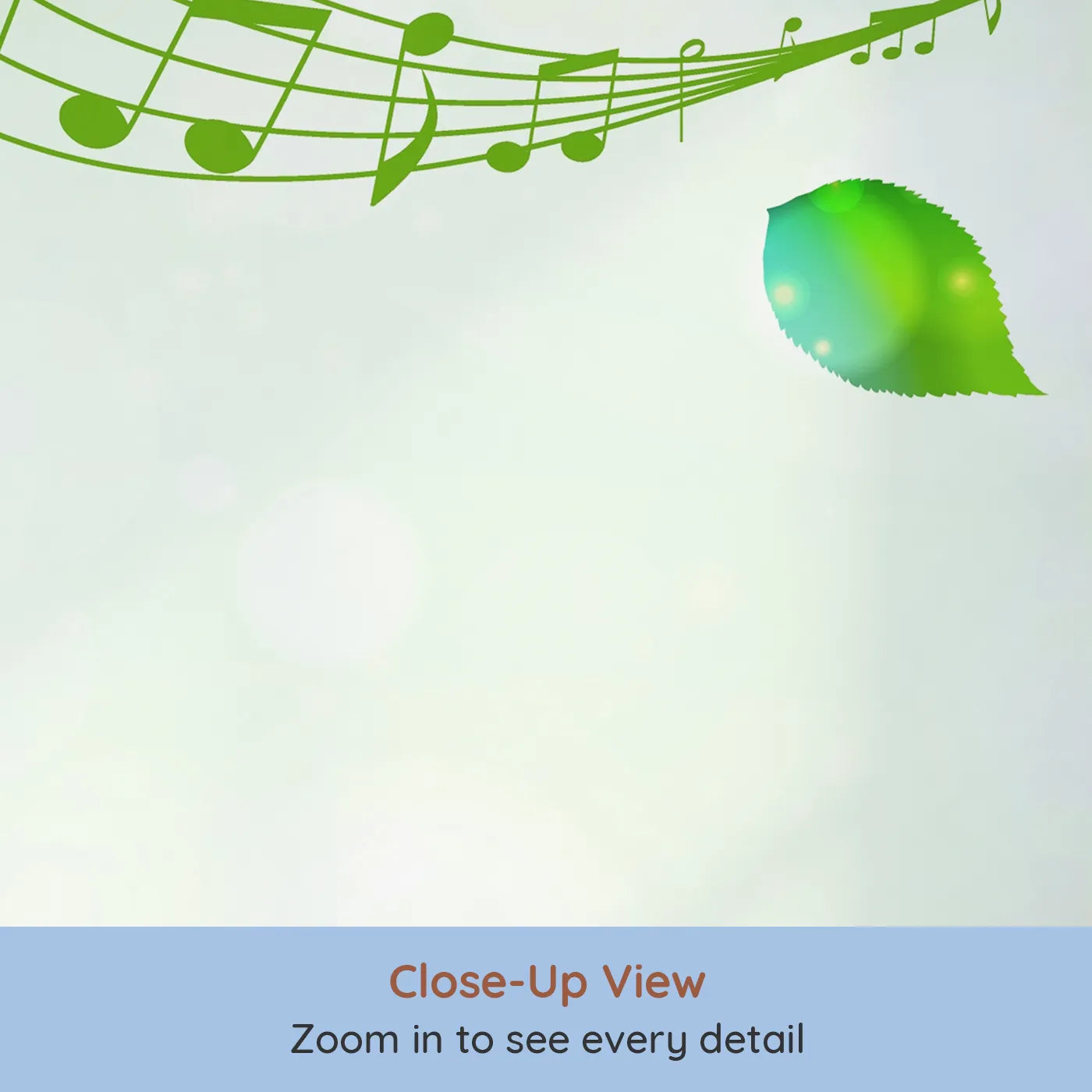 Close-up view of Whimsy Tots' Green Leaf Music Wall Mural in Color (Turn Their Room into a Gentle, Musical Breeze).Gender-Neutral