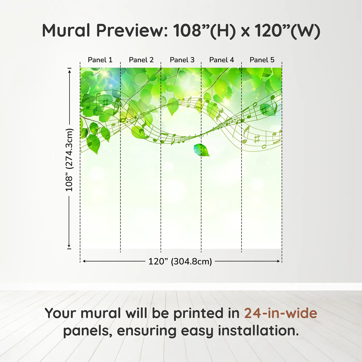 Whimsy Tots Green Leaf Music Wall Mural in Colordimension view (108" H x 120" W). Printed in five 24-inch-wide panels. Gender-Neutral