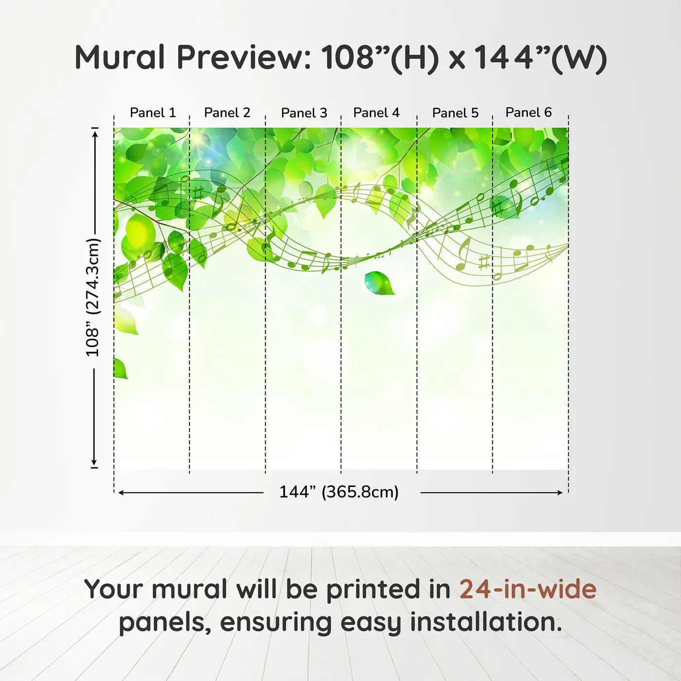 Whimsy Tots Green Leaf Music Wall Mural in Colordimension view (108" H x 144" W). Printed in six 24-inch-wide panels. Gender-Neutral