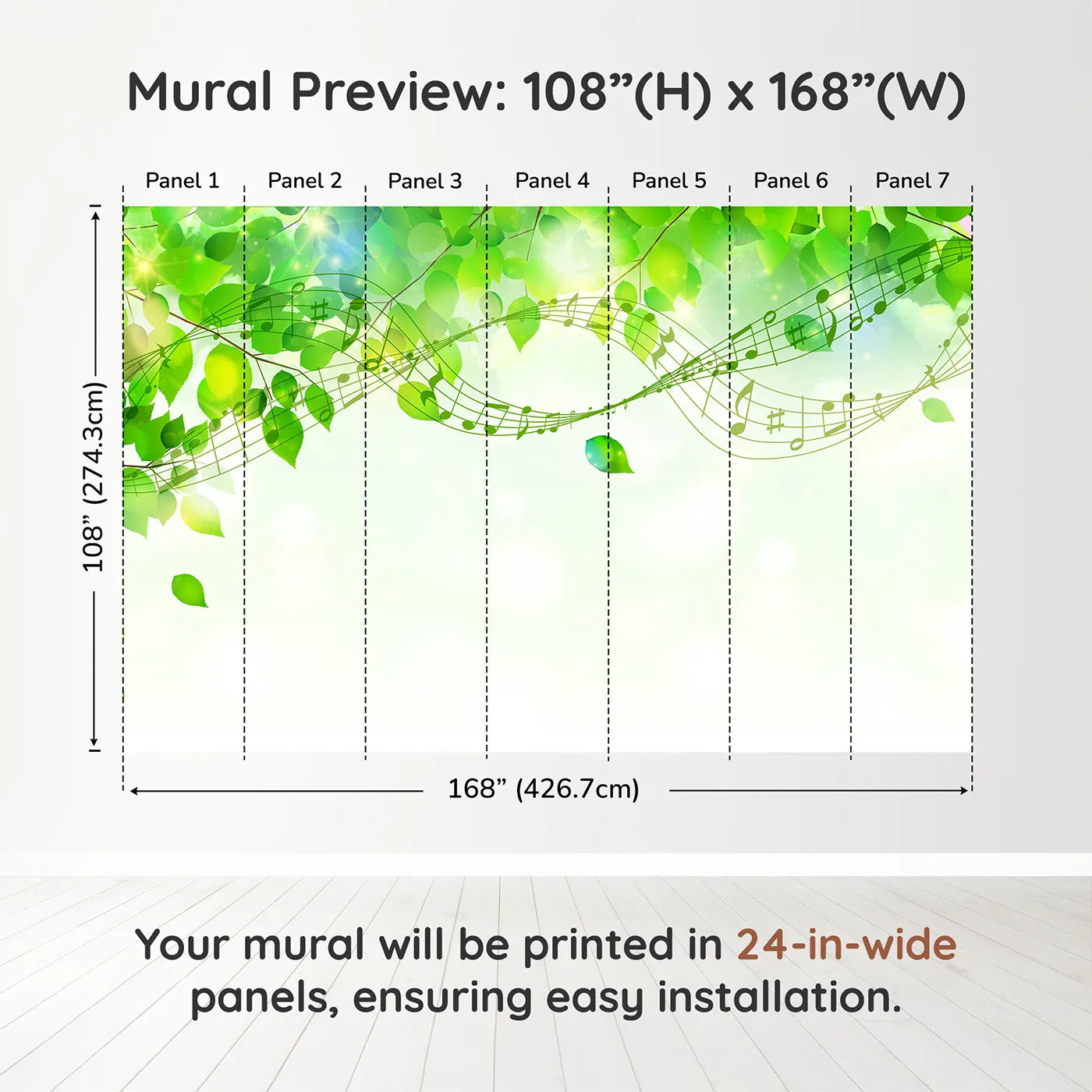 Whimsy Tots Green Leaf Music Wall Mural in Colordimension view (108" H x 168" W). Printed in seven 24-inch-wide panels. Gender-Neutral