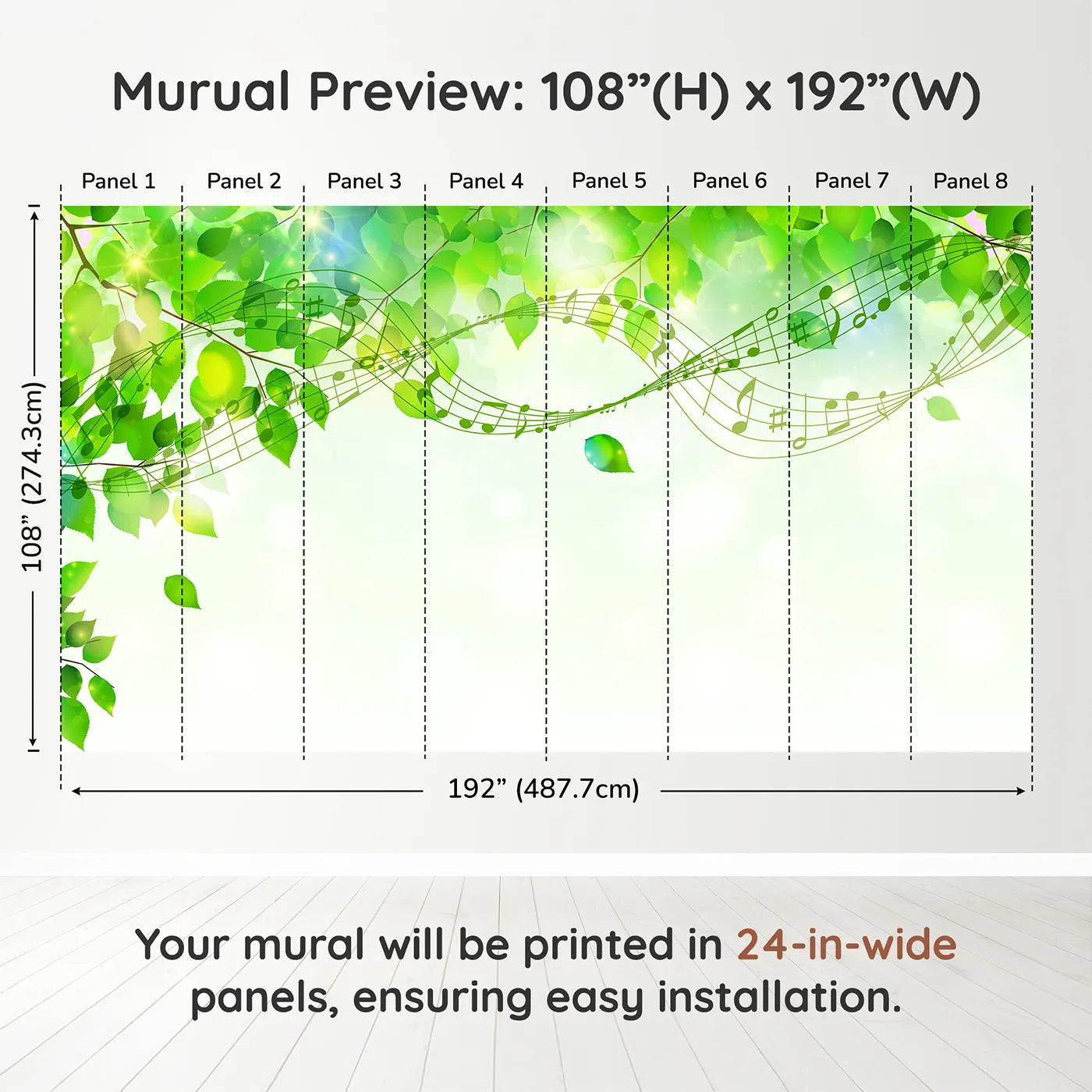 Whimsy Tots Green Leaf Music Wall Mural in Colordimension view (108" H x 192" W). Printed in eight 24-inch-wide panels. Gender-Neutral