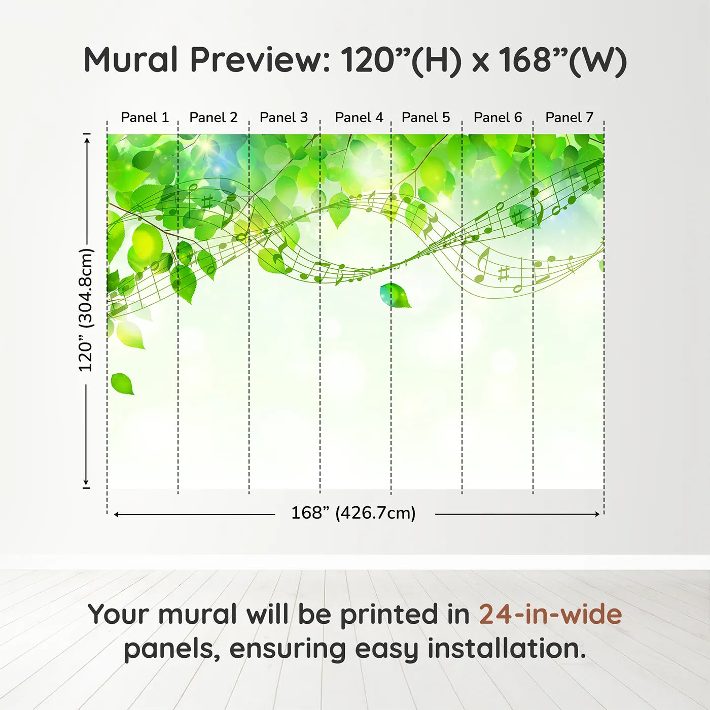 Whimsy Tots Green Leaf Music Wall Mural in Colordimension view (120" H x 168" W). Printed in seven 24-inch-wide panels. Gender-Neutral