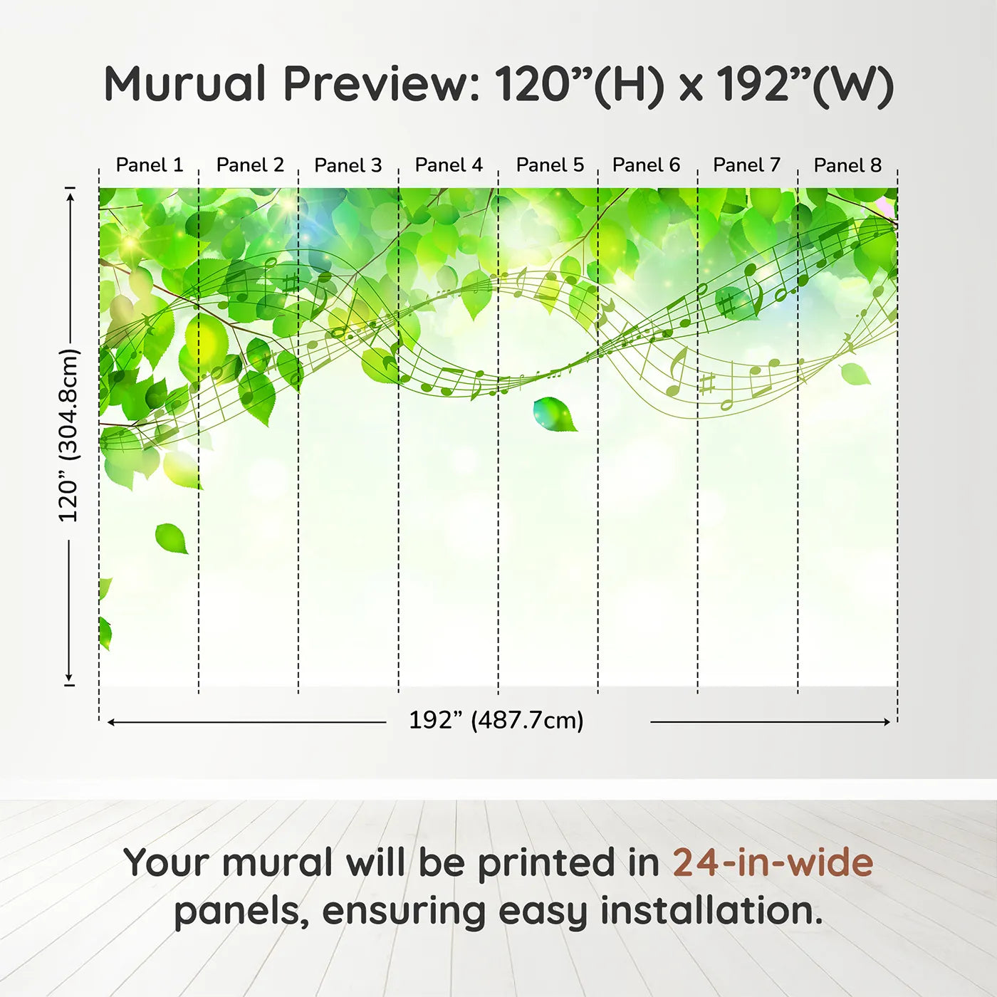 Whimsy Tots Green Leaf Music Wall Mural in Colordimension view (120" H x 192" W). Printed in eight 24-inch-wide panels. Gender-Neutral