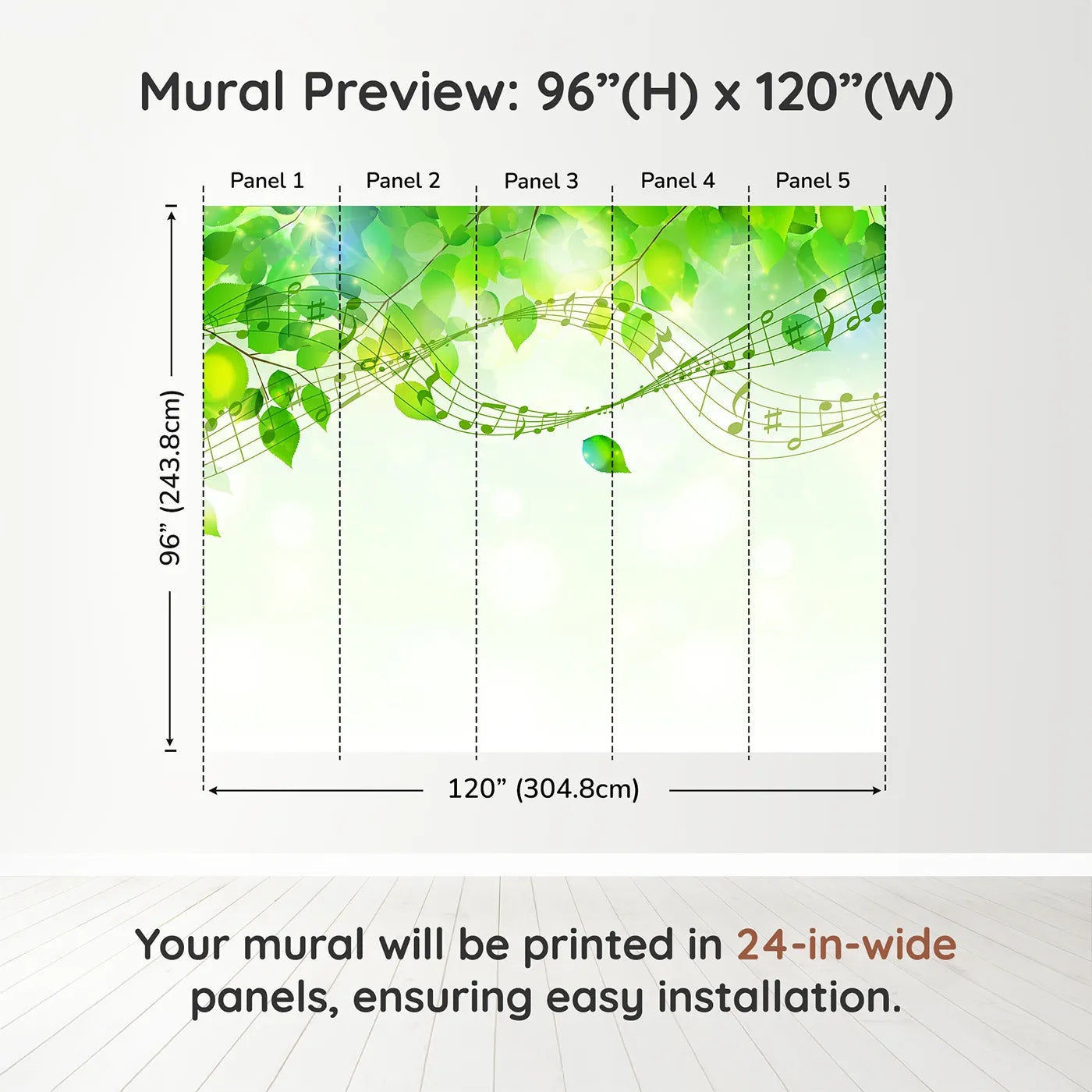 Whimsy Tots Green Leaf Music Wall Mural in Colordimension view (96" H x 120" W). Printed in five 24-inch-wide panels. Gender-Neutral