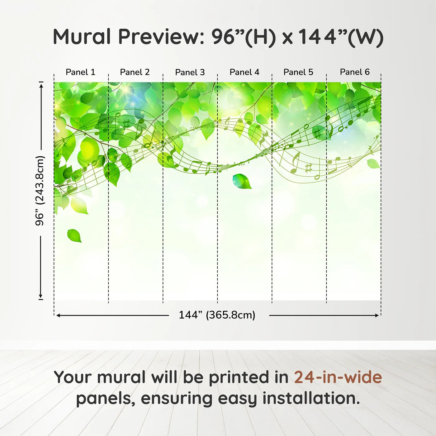 Whimsy Tots Green Leaf Music Wall Mural in Colordimension view (96" H x 144" W). Printed in six 24-inch-wide panels. Gender-Neutral