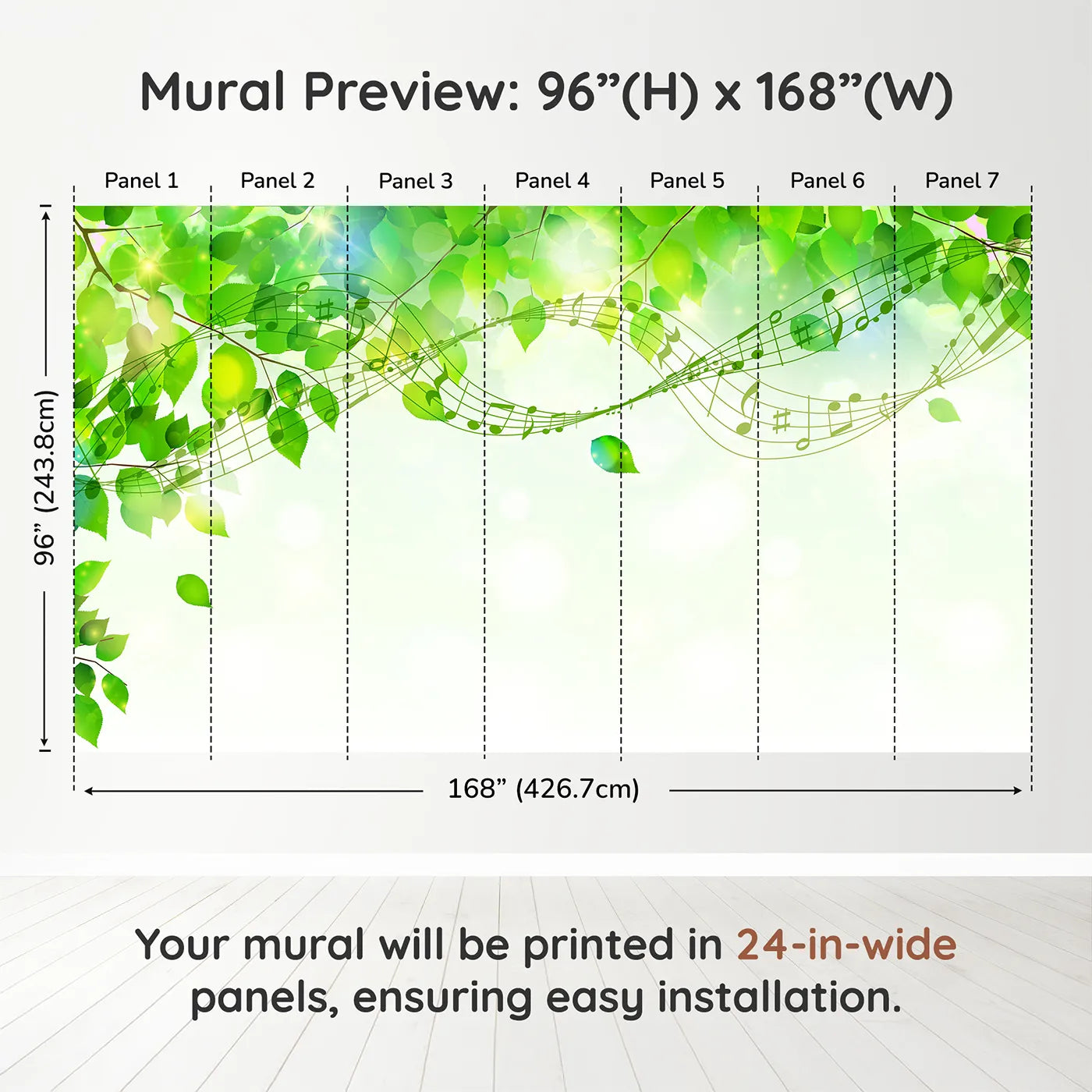 Whimsy Tots Green Leaf Music Wall Mural in Colordimension view (96" H x 168" W). Printed in seven 24-inch-wide panels. Gender-Neutral