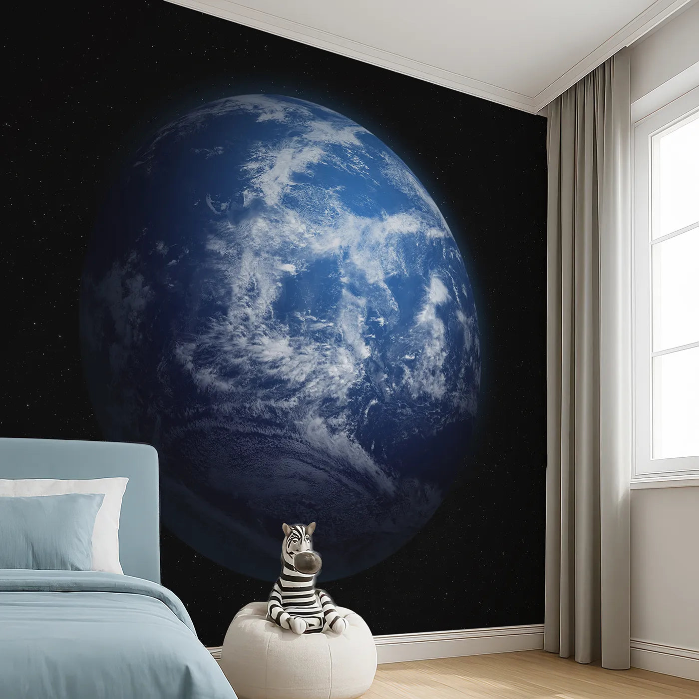 Angled view of Whimsy Tots' Planet Earth Wall Mural (Turn Their Room into an Astronaut's View of Home).Gender-Neutral