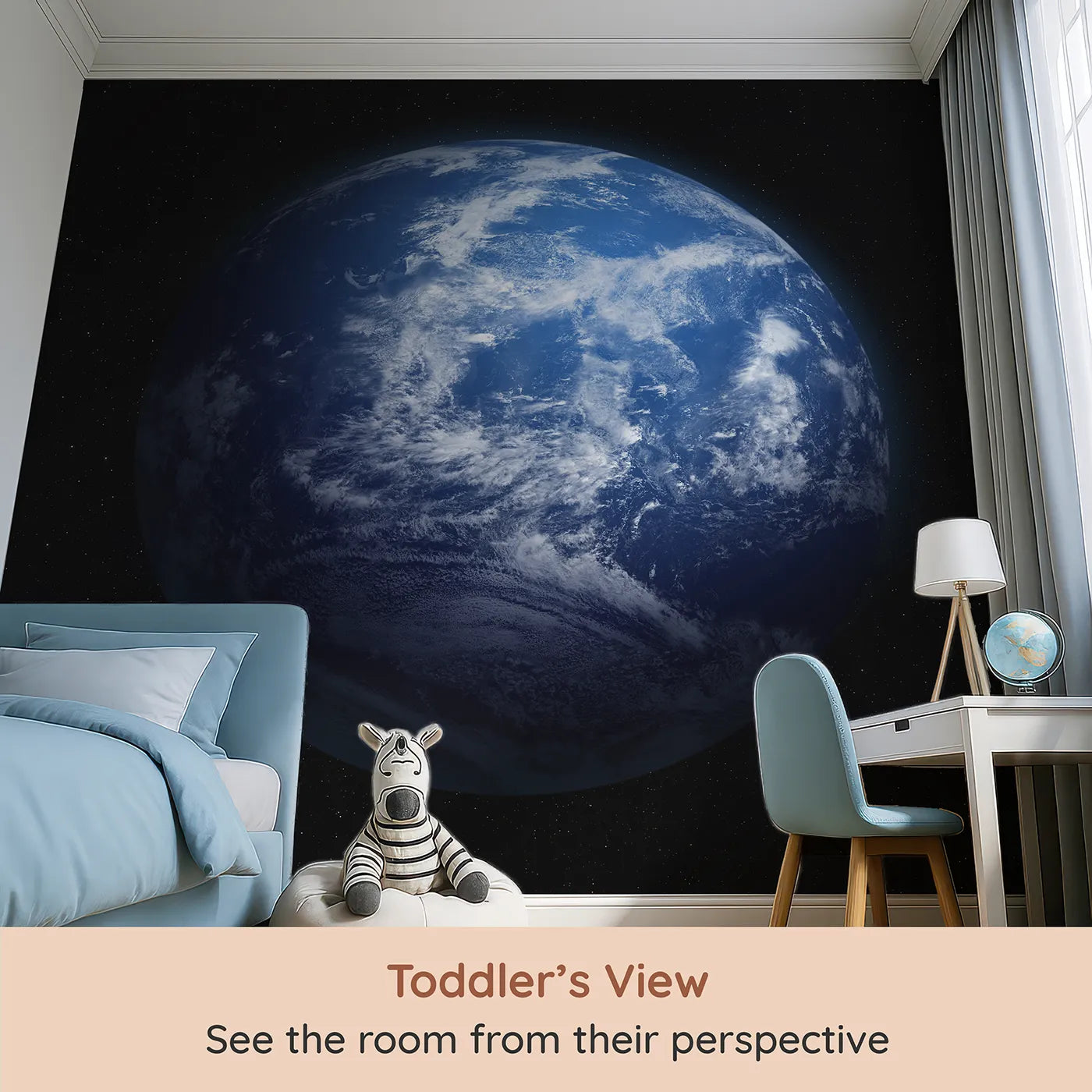 Whimsy Tots Planet Earth Wall Mural (Turn Their Room into an Astronaut's View of Home) from your child's view.Gender-Neutral