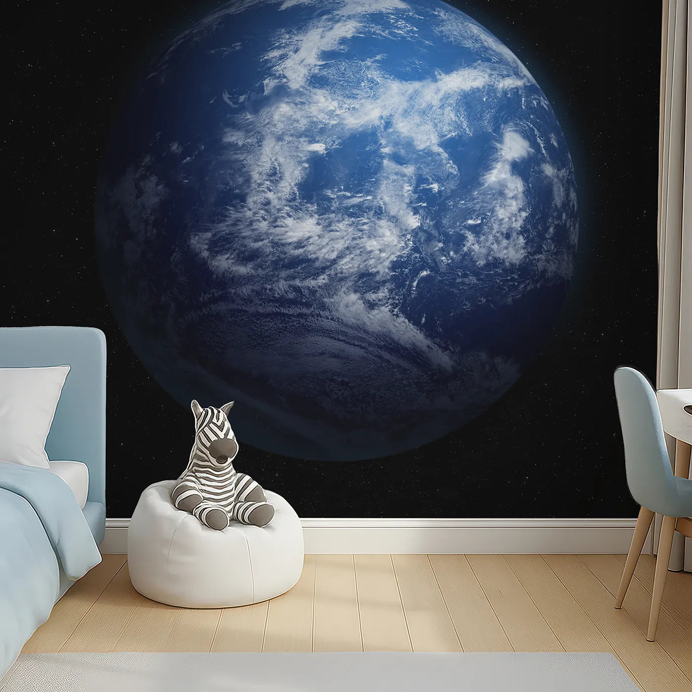 Top-down view of Whimsy Tots' Planet Earth Wall Mural (Turn Their Room into an Astronaut's View of Home).Gender-Neutral