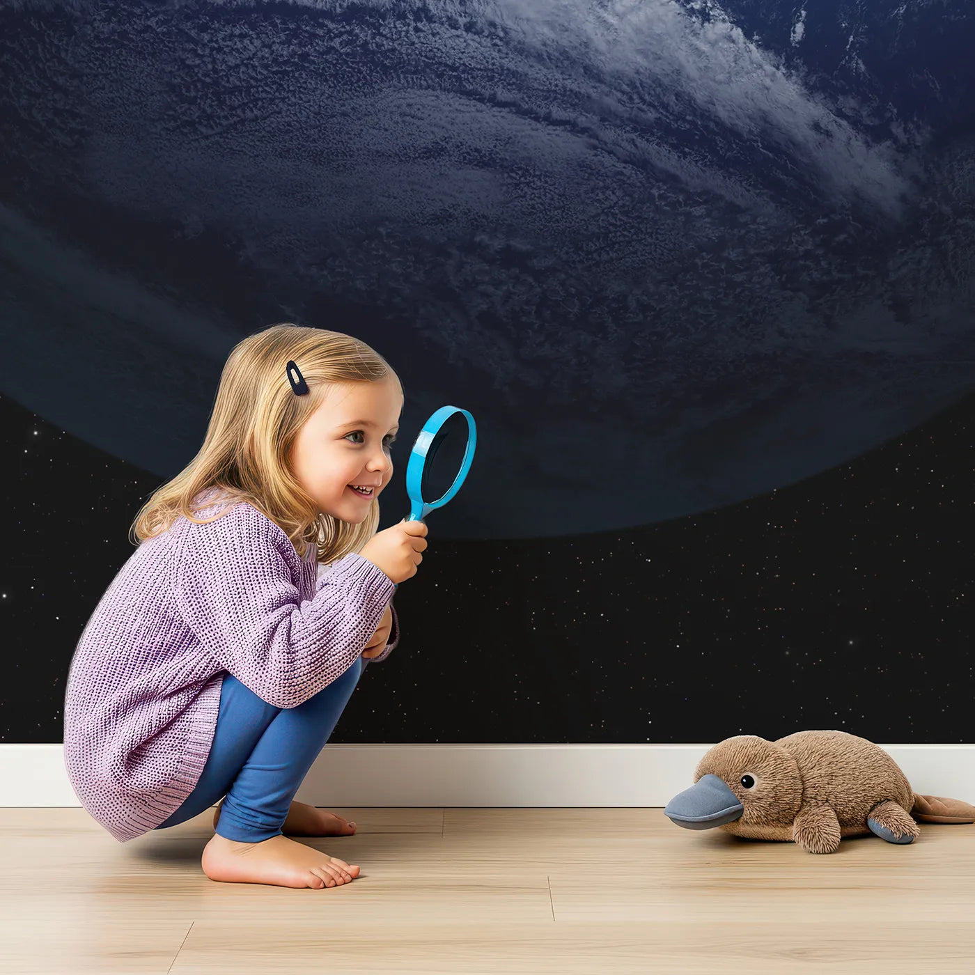 Child in front of Whimsy Tots Planet Earth Wall Mural with earth, planet, space, realistic, science, world, globe, astronaut in design.