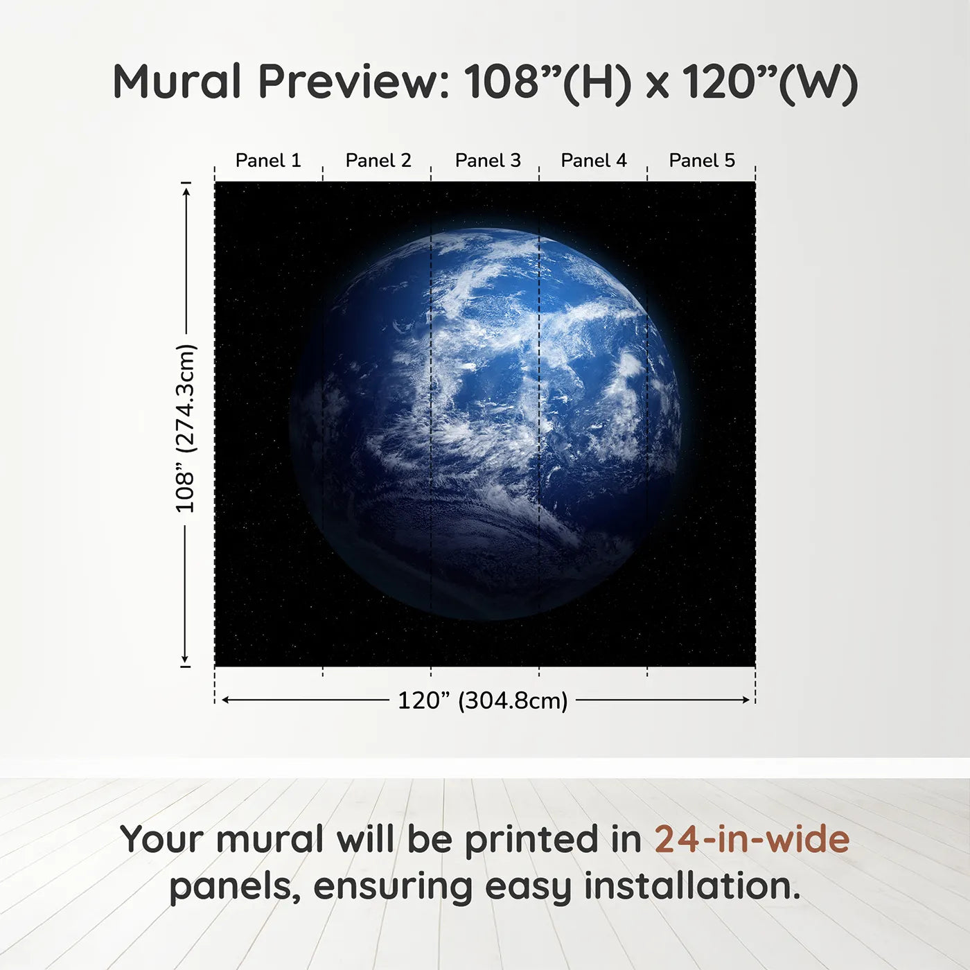 Whimsy Tots Planet Earth Wall Muraldimension view (108" H x 120" W). Printed in five 24-inch-wide panels. Gender-Neutral