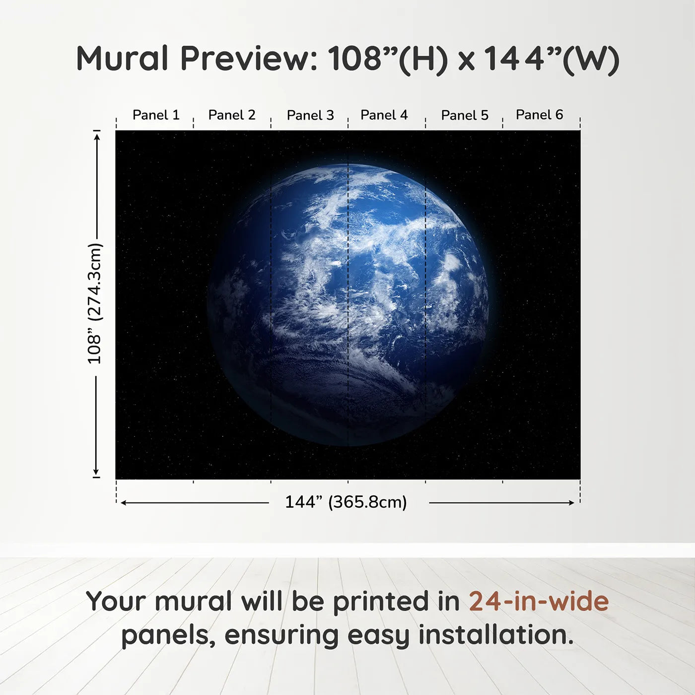 Whimsy Tots Planet Earth Wall Muraldimension view (108" H x 144" W). Printed in six 24-inch-wide panels. Gender-Neutral