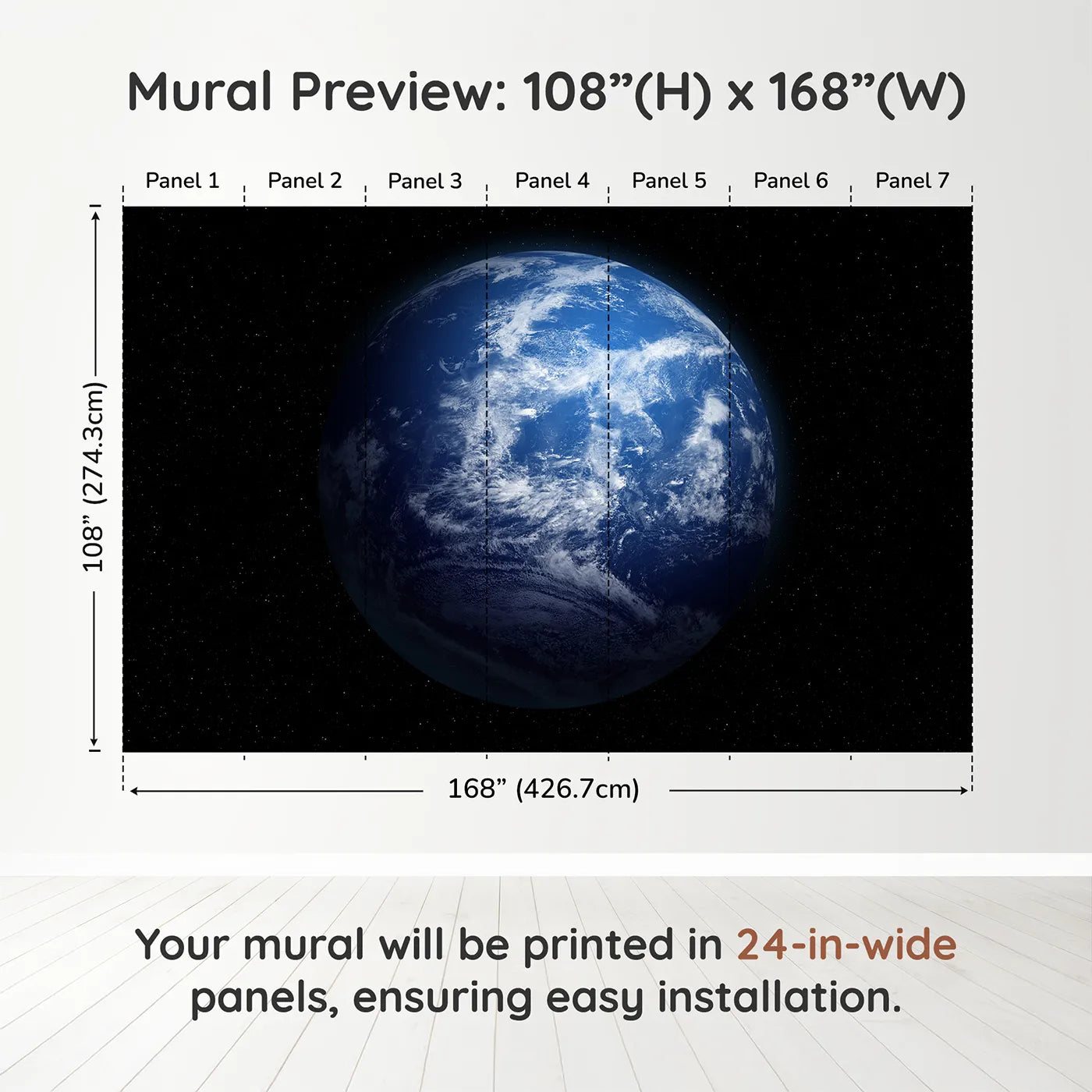 Whimsy Tots Planet Earth Wall Muraldimension view (108" H x 168" W). Printed in seven 24-inch-wide panels. Gender-Neutral