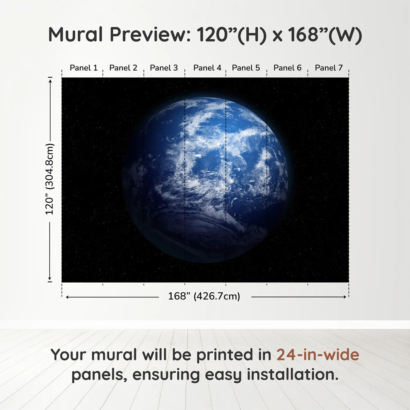 Whimsy Tots Planet Earth Wall Muraldimension view (120" H x 168" W). Printed in seven 24-inch-wide panels. Gender-Neutral