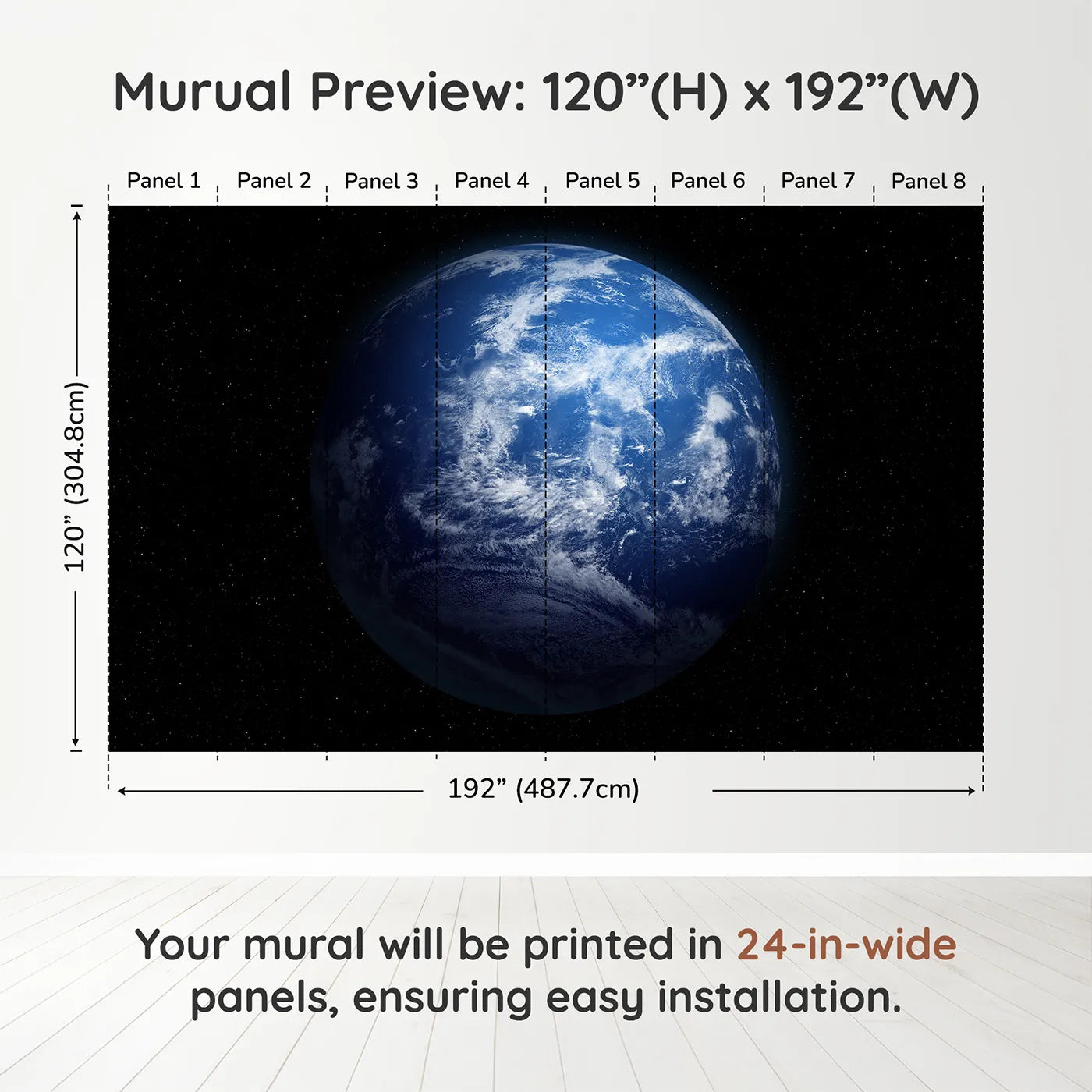 Whimsy Tots Planet Earth Wall Muraldimension view (120" H x 192" W). Printed in eight 24-inch-wide panels. Gender-Neutral