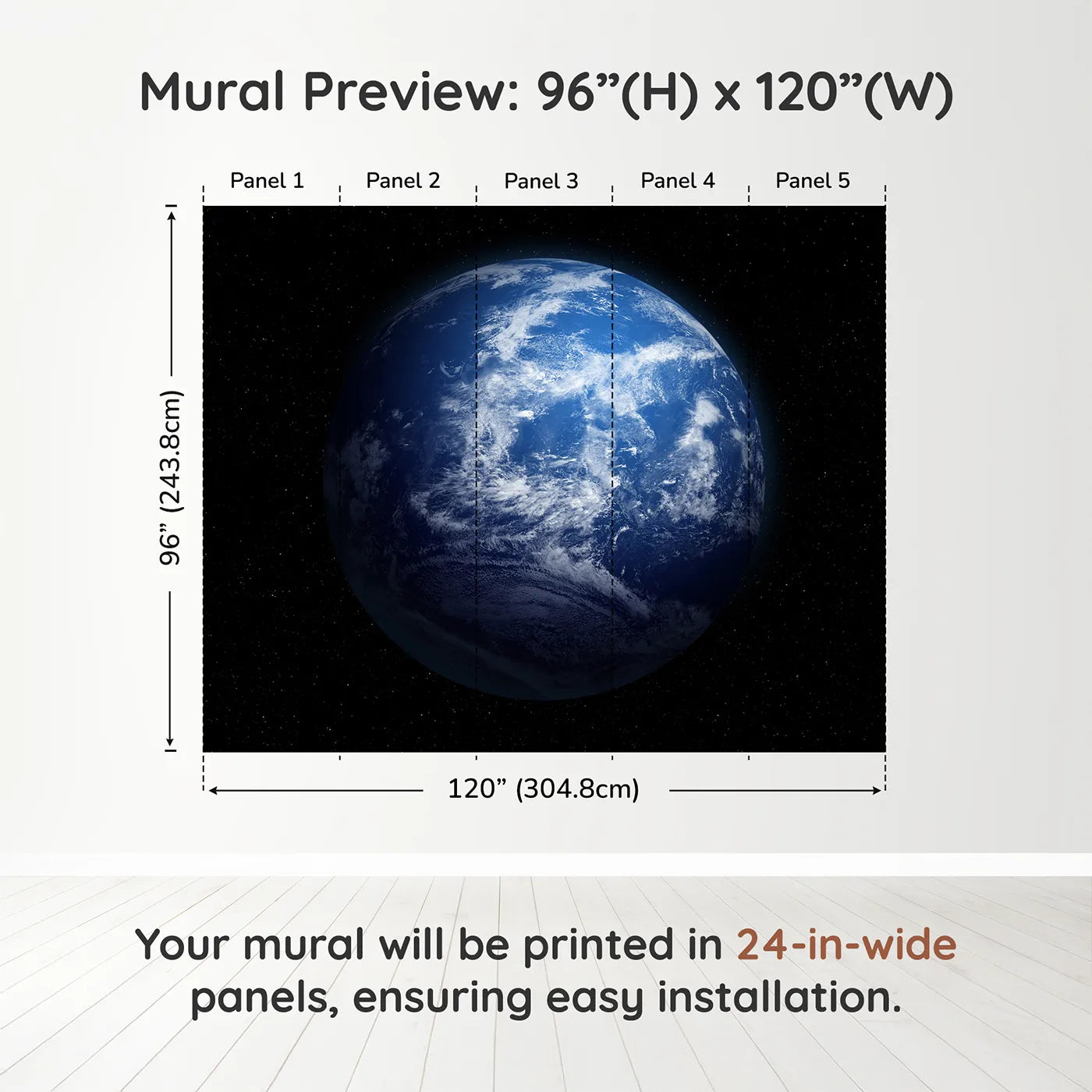 Whimsy Tots Planet Earth Wall Muraldimension view (96" H x 120" W). Printed in five 24-inch-wide panels. Gender-Neutral