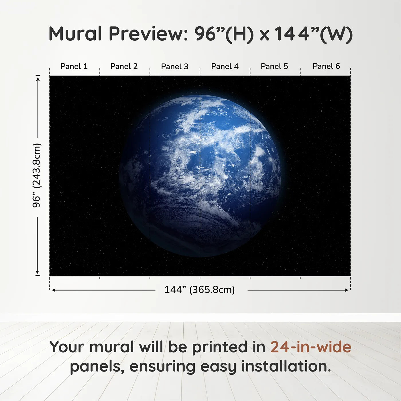 Whimsy Tots Planet Earth Wall Muraldimension view (96" H x 144" W). Printed in six 24-inch-wide panels. Gender-Neutral