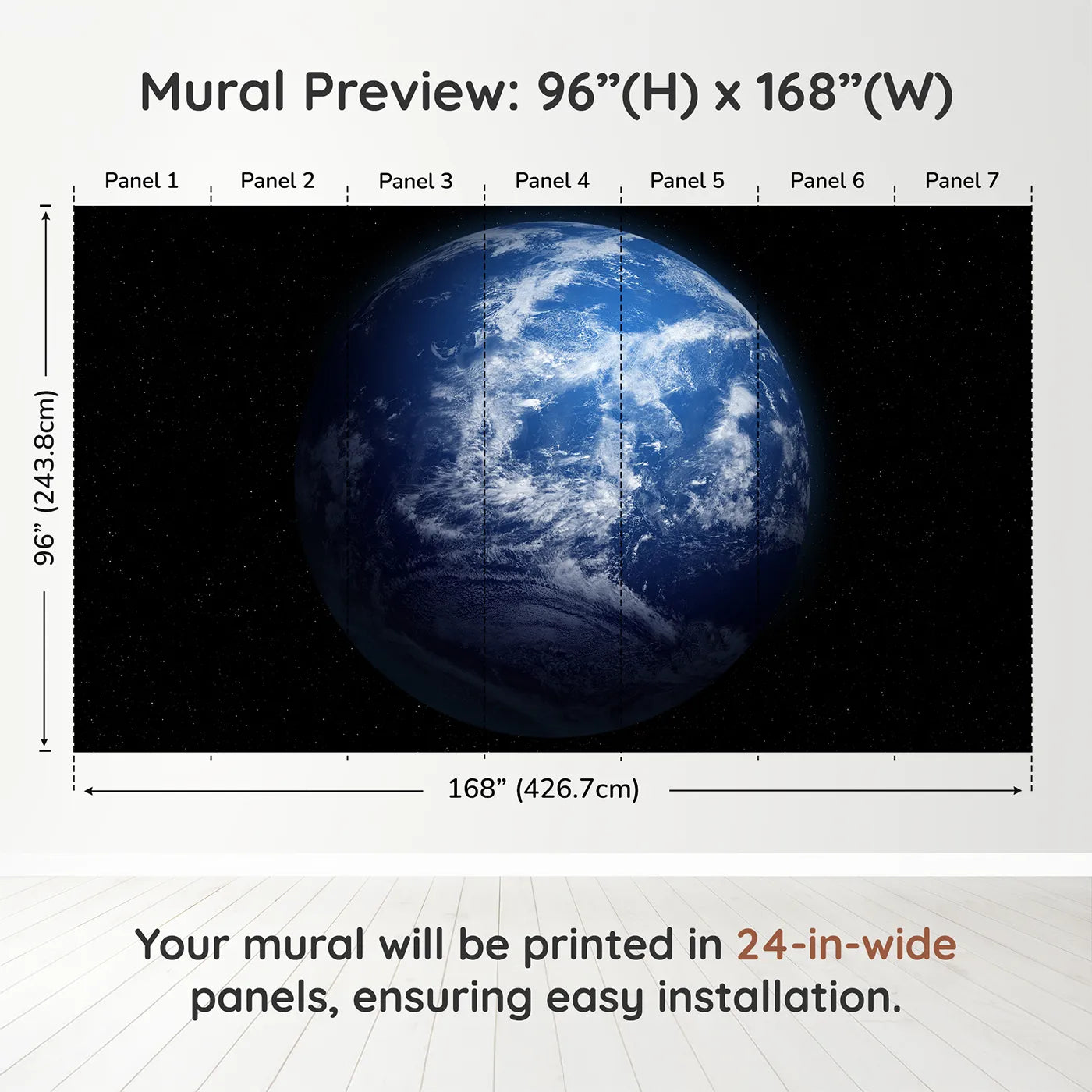 Whimsy Tots Planet Earth Wall Muraldimension view (96" H x 168" W). Printed in seven 24-inch-wide panels. Gender-Neutral