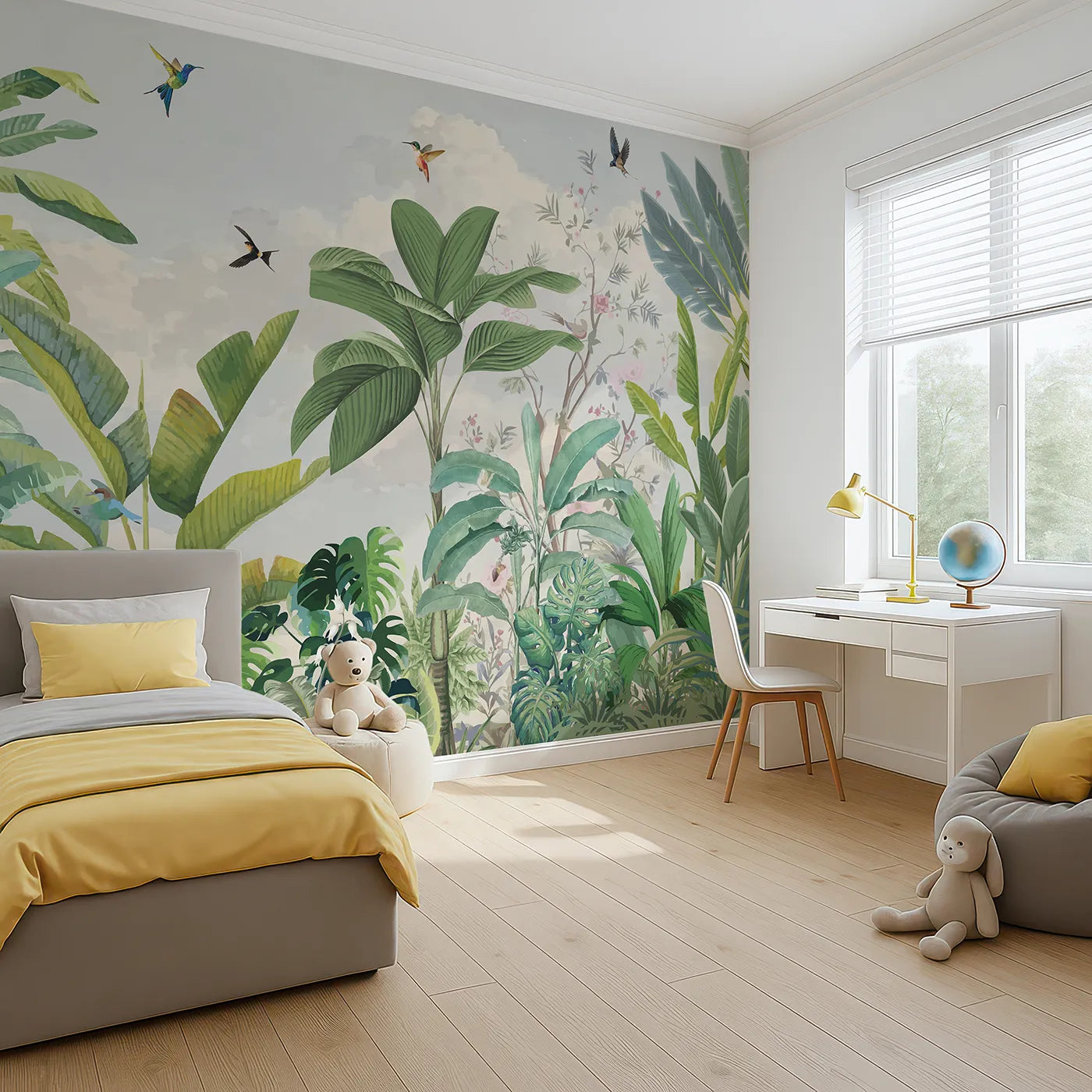 Angled view of Whimsy Tots' Tropical Bird Garden Wall Mural in Green (Turn Their Room into a Lush, Hand-Painted Paradise).Gender-Neutral