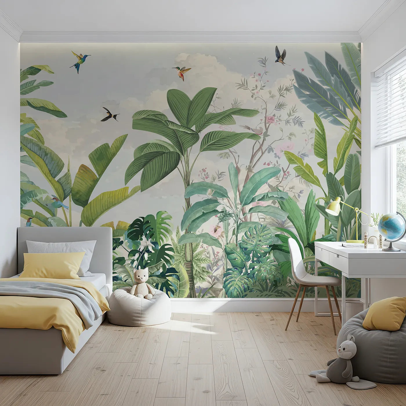 Front view of Whimsy Tots' Tropical Bird Garden Wall Mural in Green