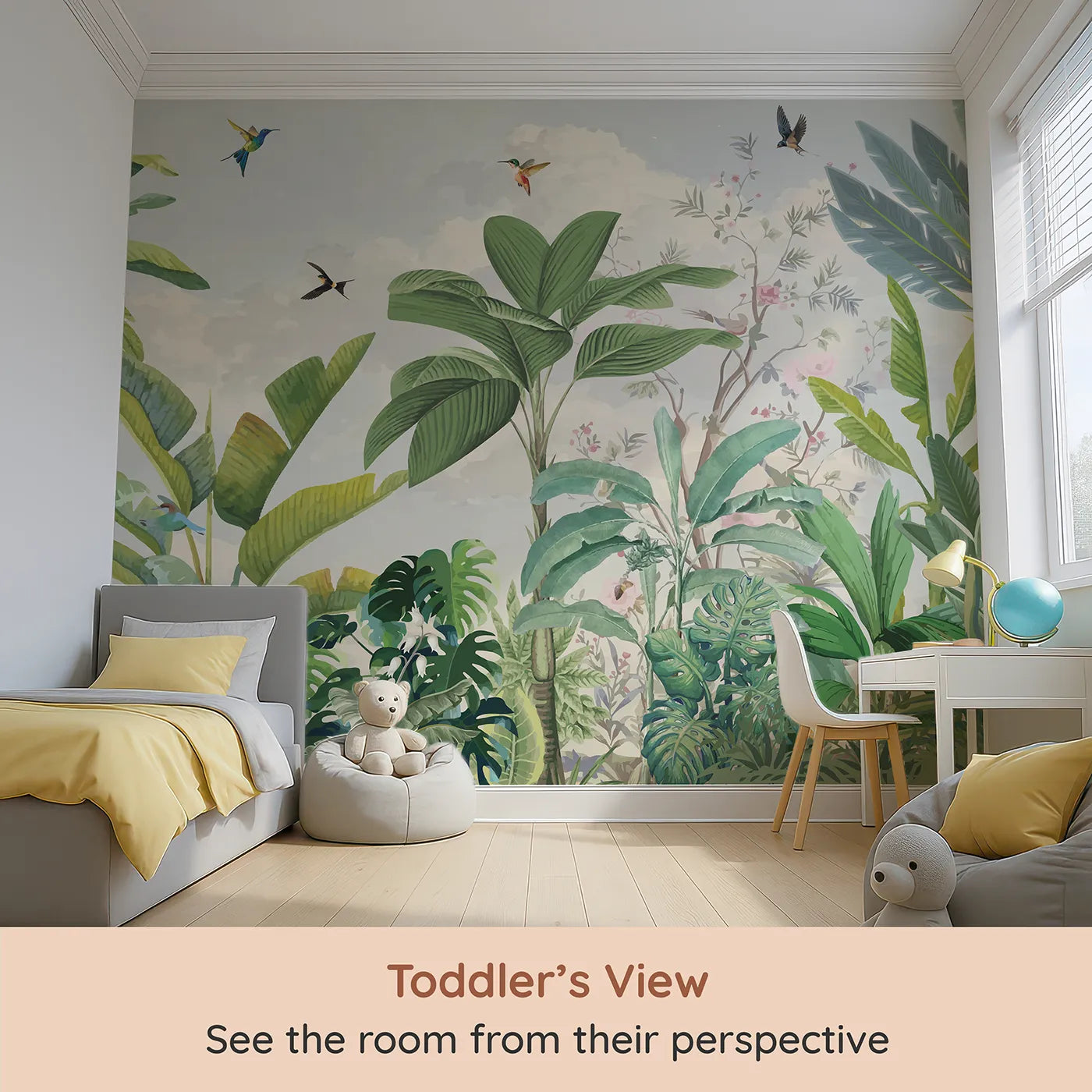 Whimsy Tots Tropical Bird Garden Wall Mural in Green (Turn Their Room into a Lush, Hand-Painted Paradise) from your child's view.Gender-Neutral