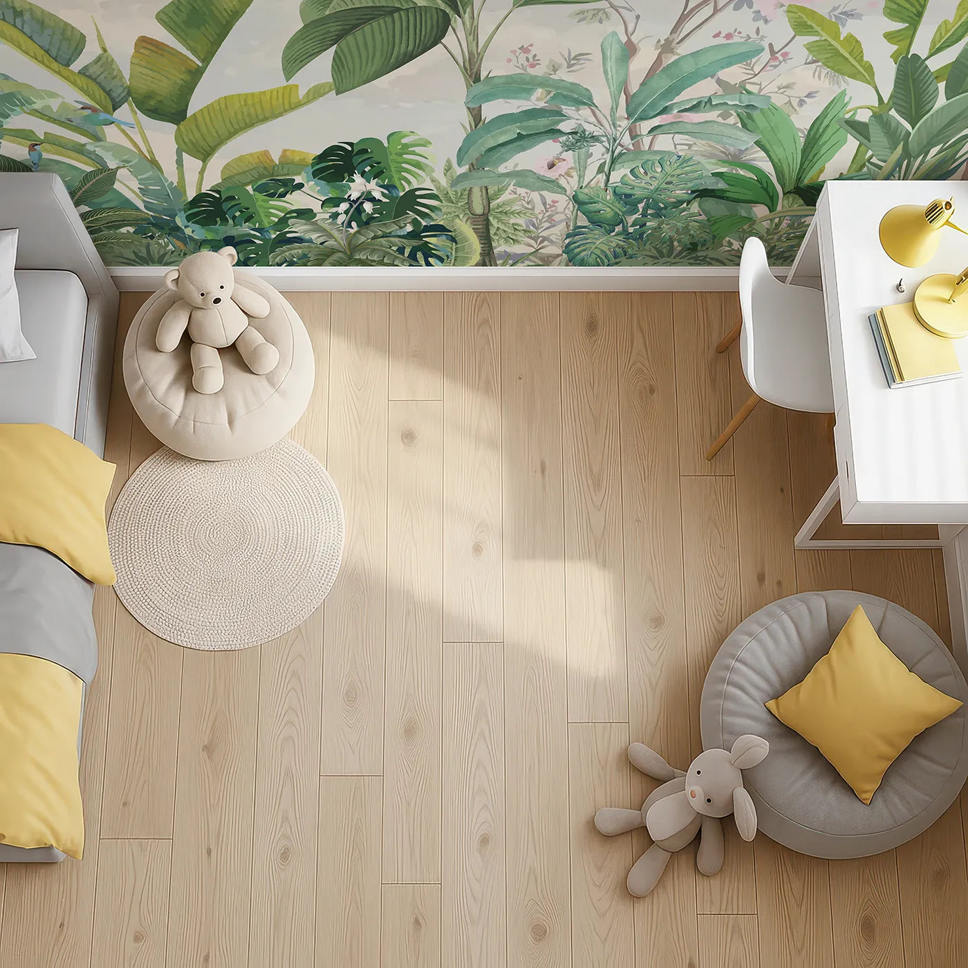 Top-down view of Whimsy Tots' Tropical Bird Garden Wall Mural in Green (Turn Their Room into a Lush, Hand-Painted Paradise).Gender-Neutral