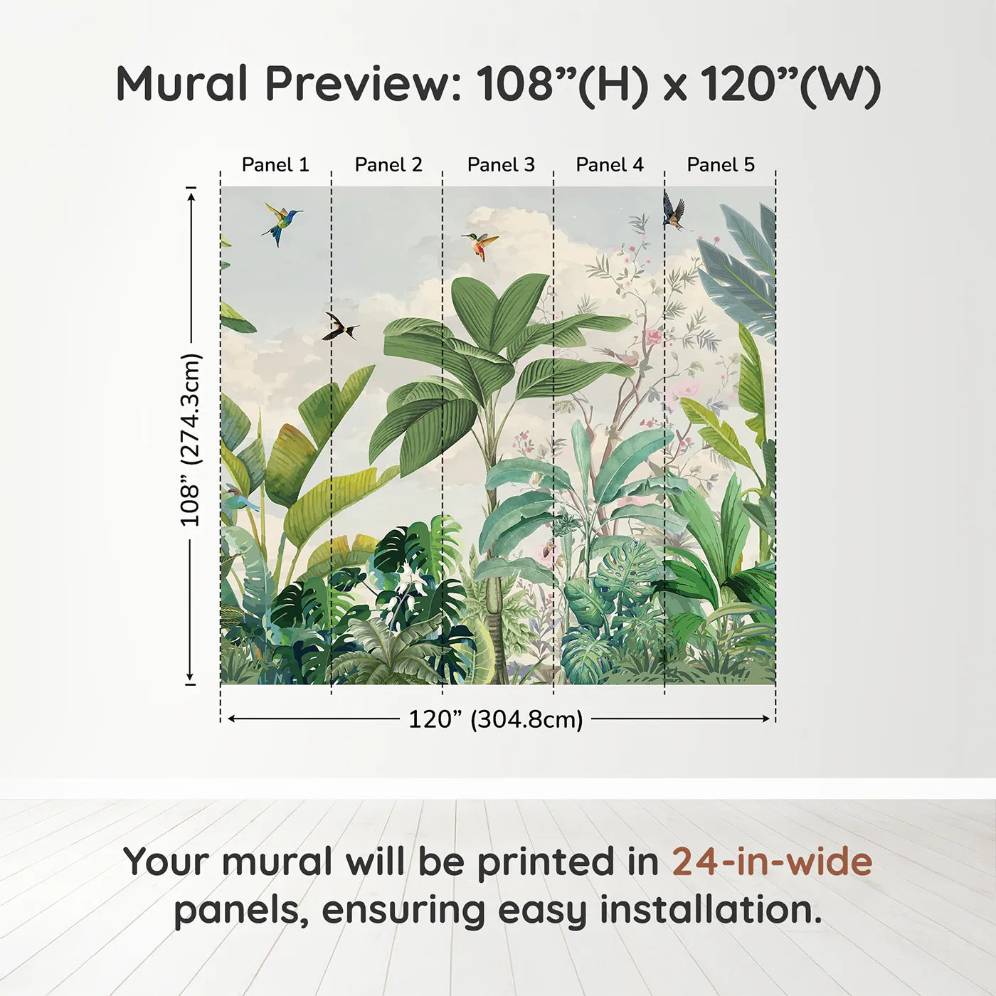 Whimsy Tots Tropical Bird Garden Wall Mural in Greendimension view (108" H x 120" W). Printed in five 24-inch-wide panels. Gender-Neutral
