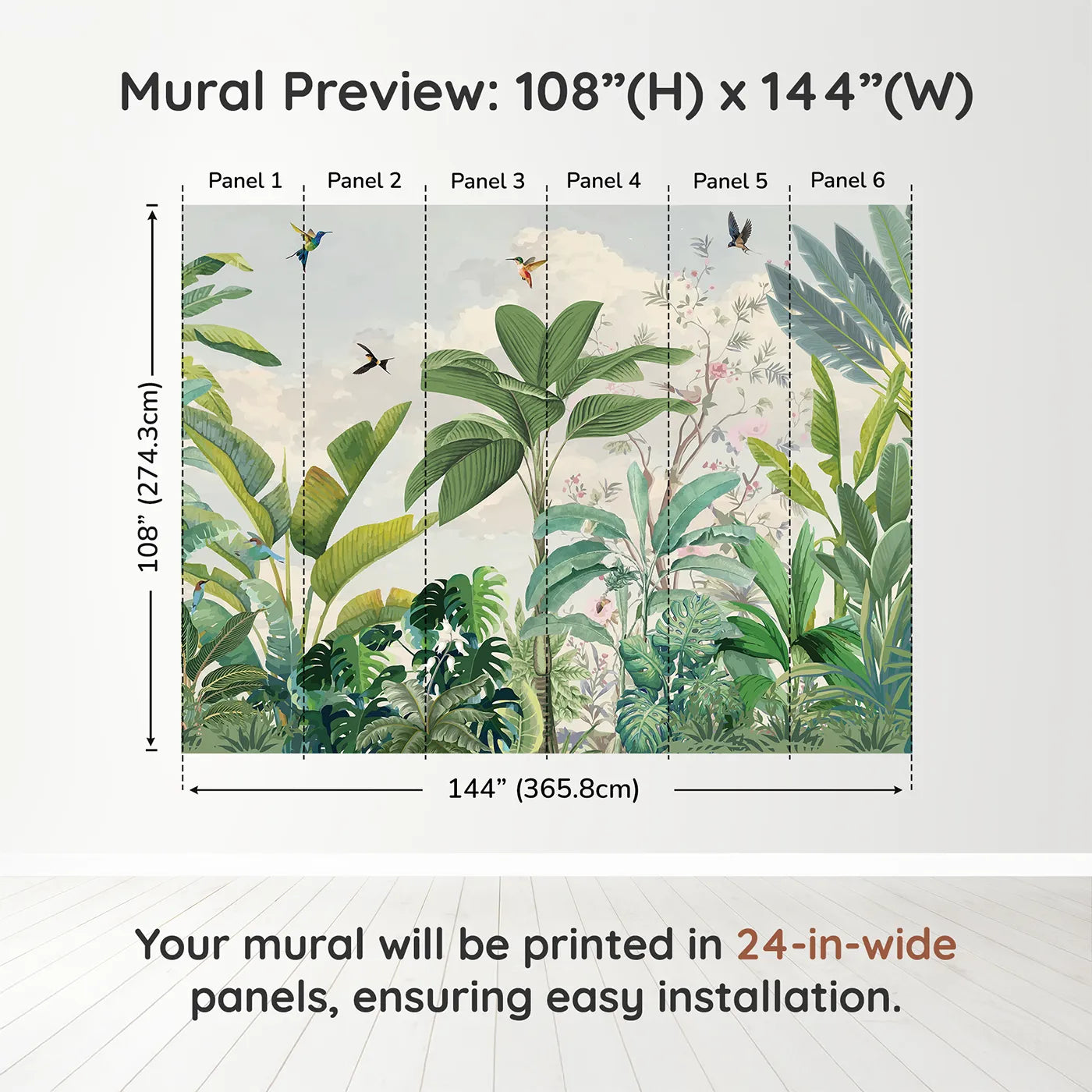Whimsy Tots Tropical Bird Garden Wall Mural in Greendimension view (108" H x 144" W). Printed in six 24-inch-wide panels. Gender-Neutral