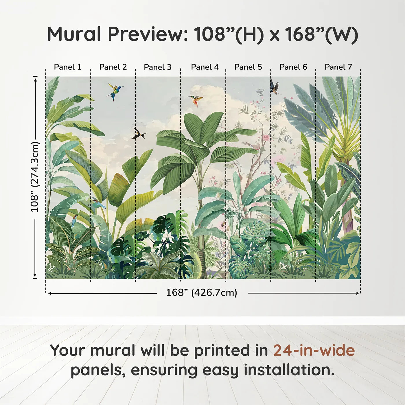 Whimsy Tots Tropical Bird Garden Wall Mural in Greendimension view (108" H x 168" W). Printed in seven 24-inch-wide panels. Gender-Neutral