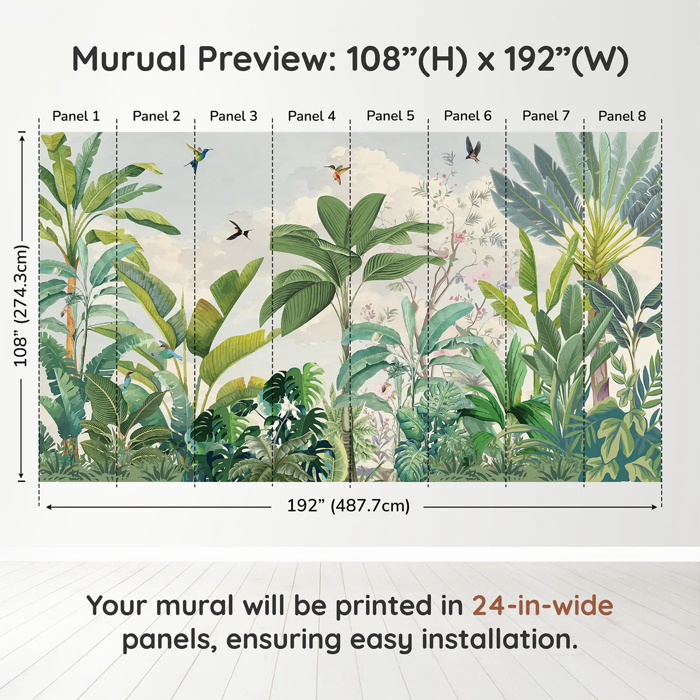 Whimsy Tots Tropical Bird Garden Wall Mural in Greendimension view (108" H x 192" W). Printed in eight 24-inch-wide panels. Gender-Neutral